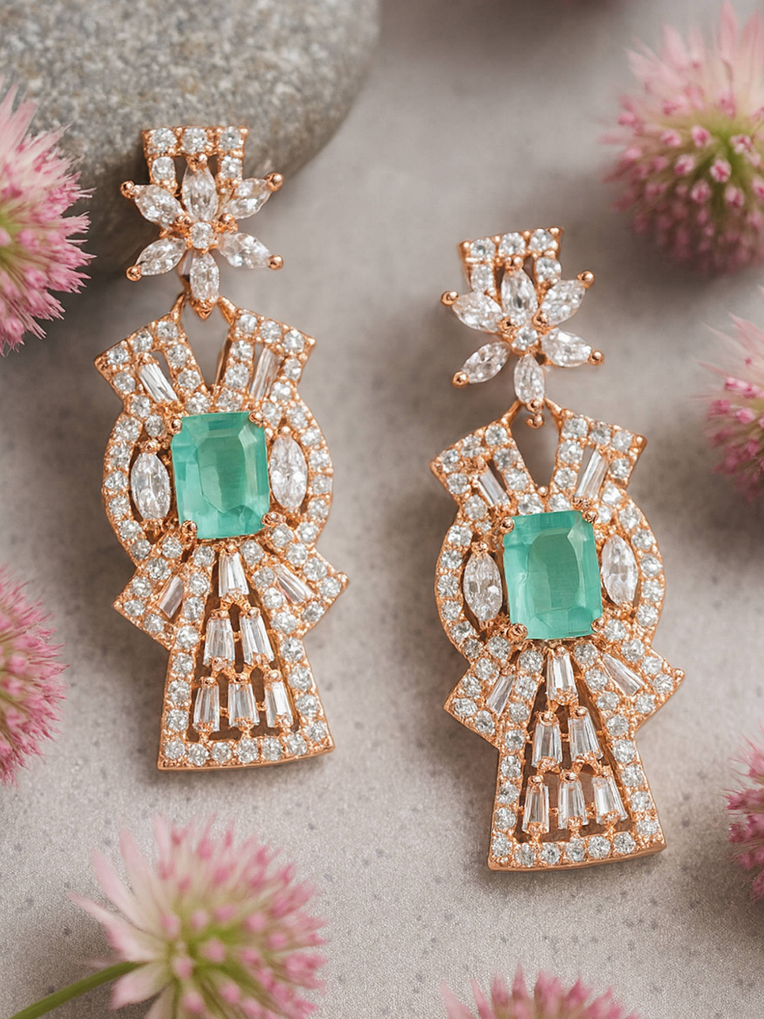 Estele Rose Gold Plated CZ Ravishing Earrings with Mint Green Stones For Women