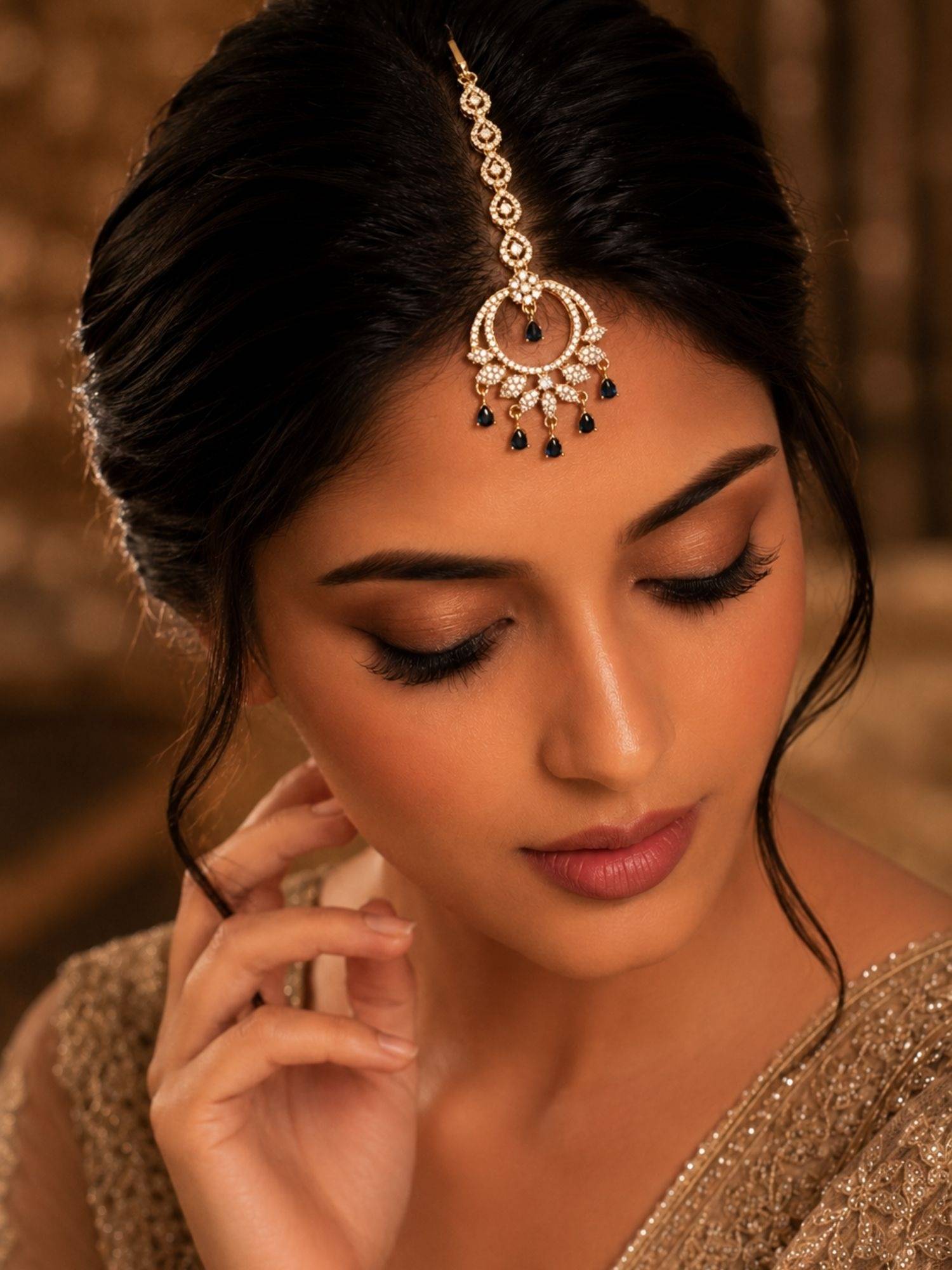 Abdesigns Mehendi Gold Oxidised Plated Blue American Diamond Maang Tikka