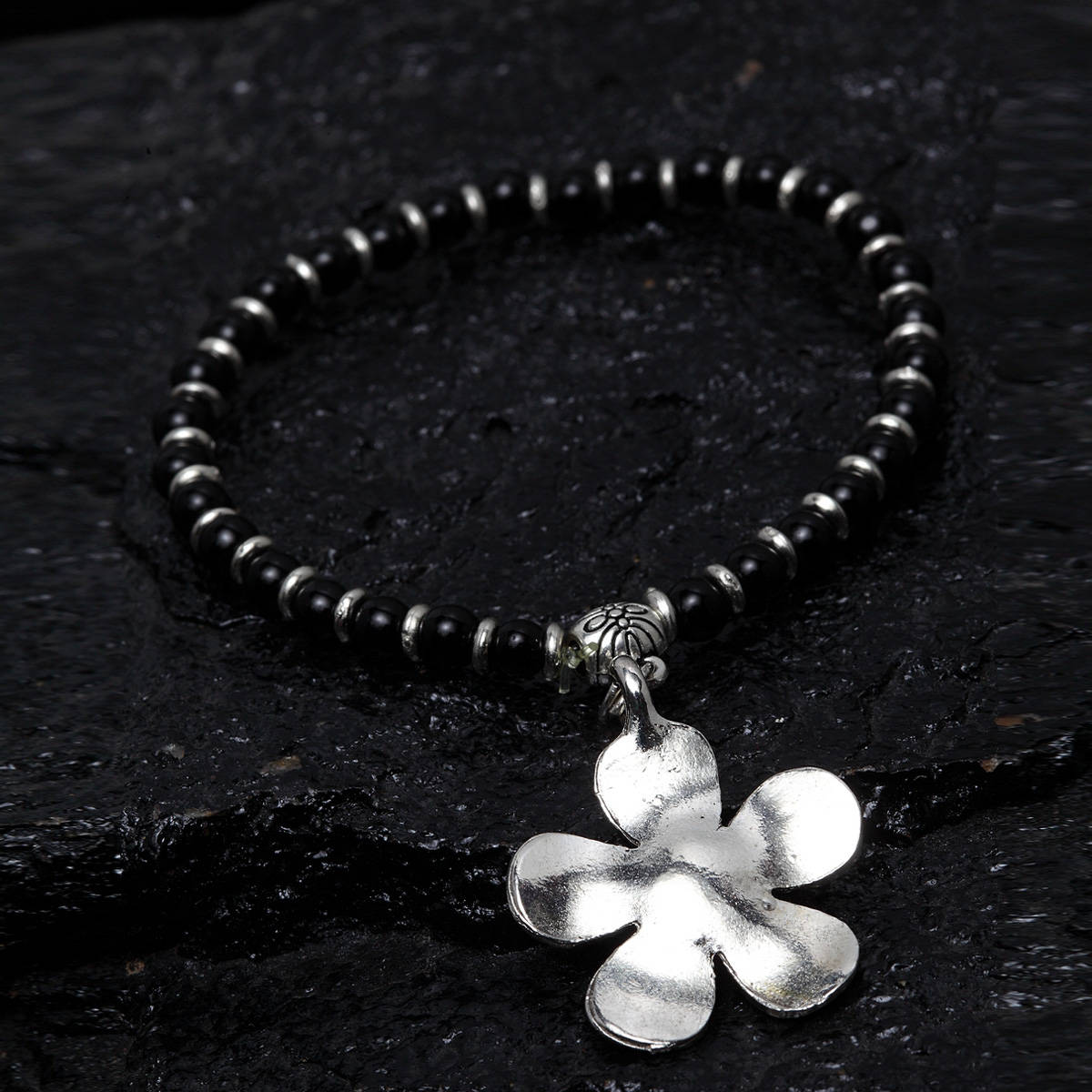 PANASH Oxidized Silver-Plated & Black Beaded Anklet