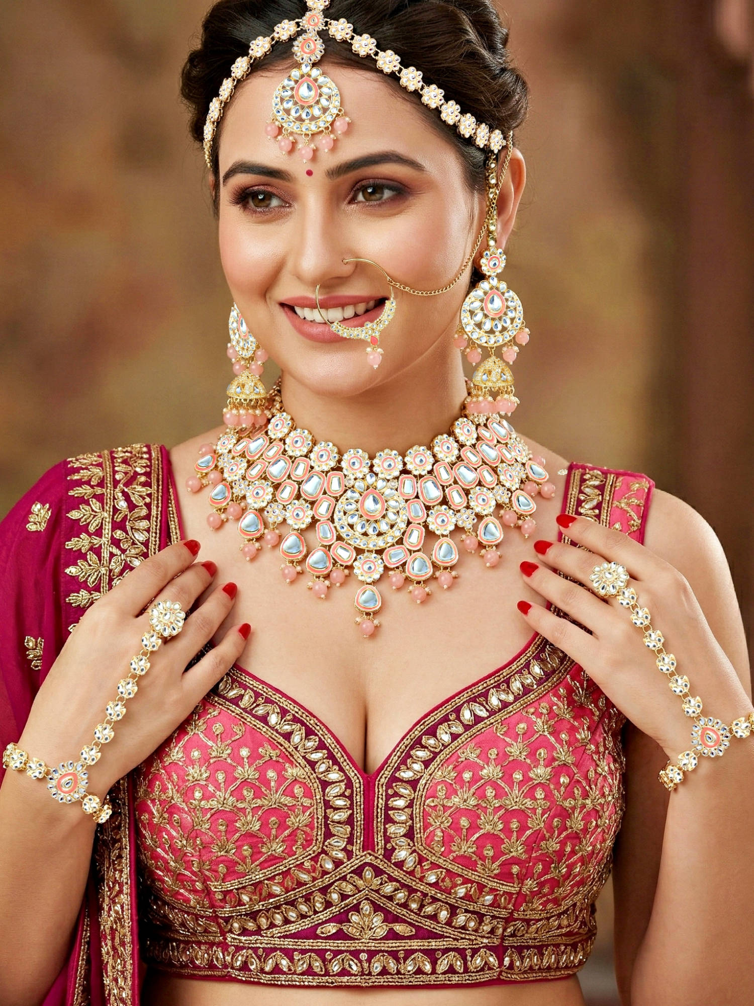 LUCKY JEWELLERY Gold Plated Kundan Pink Bridal Necklace, Pair of Earrings with Mangtika & Nath