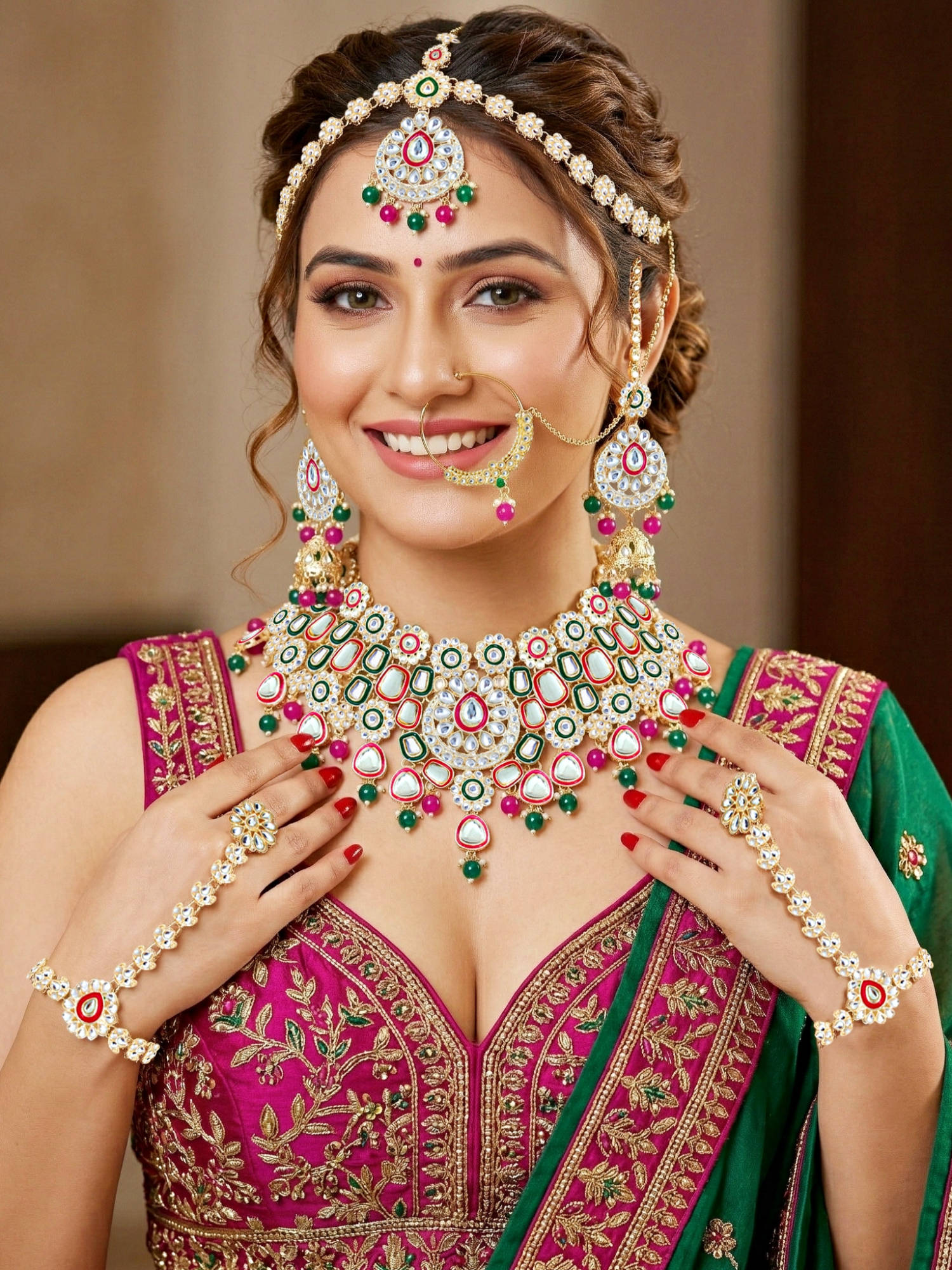 LUCKY JEWELLERY Plated Kundan Multi-Color Bridal Necklace, Pair of Earrings with Mangtika & Nath