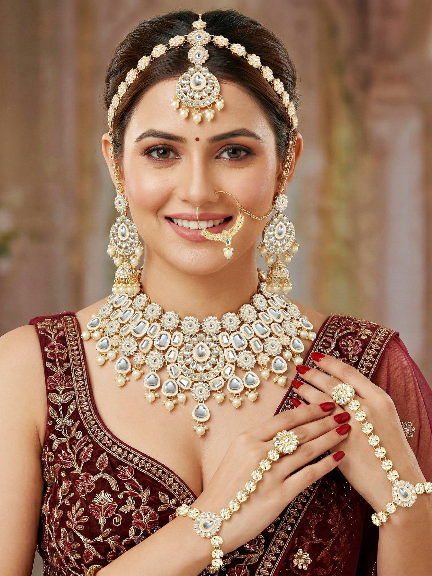 LUCKY JEWELLERY Plated Kundan White Pearl Bridal Necklace, Pair of Earrings with Mangtika & Nath