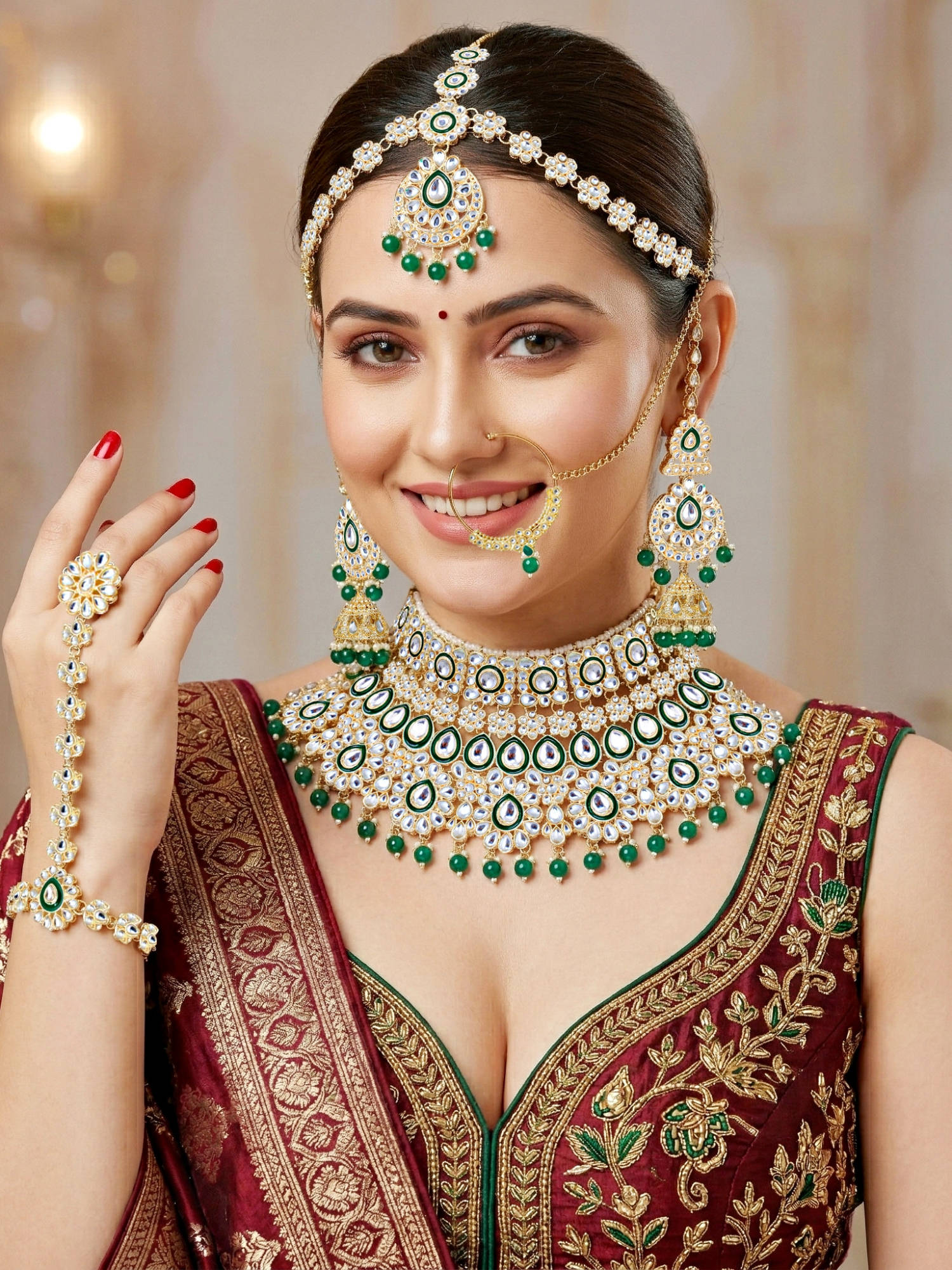 LUCKY JEWELLERY Gold Plated Kundan Green Bridal Necklace, Pair of Earrings with Mangtika & Nath