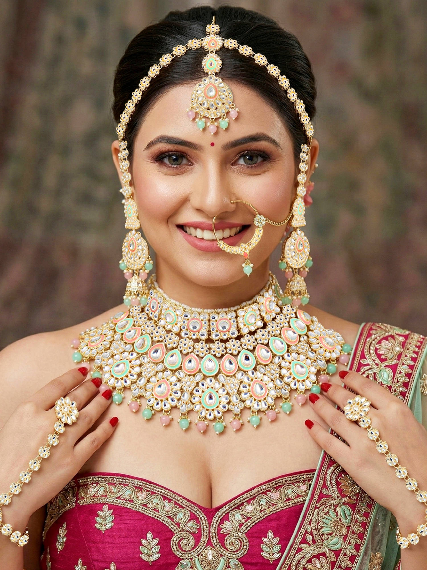 LUCKY JEWELLERY Gold Plated Kundan Multi-Color Necklace, Pair of Earrings with Mangtika & Nath
