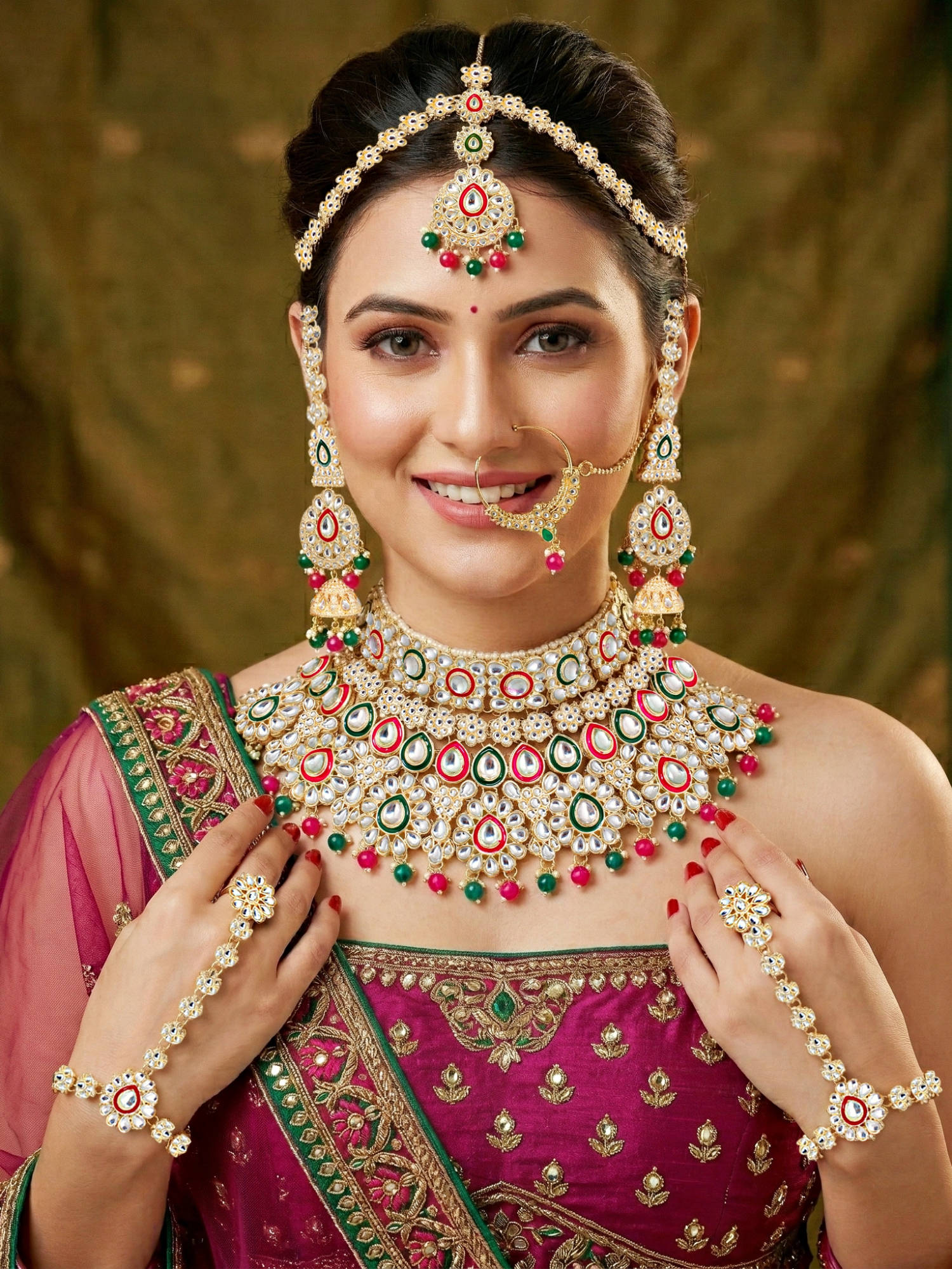 LUCKY JEWELLERY Plated Kundan Multi-Color Bridal Necklace, Pair of Earrings with Mangtika & Nath
