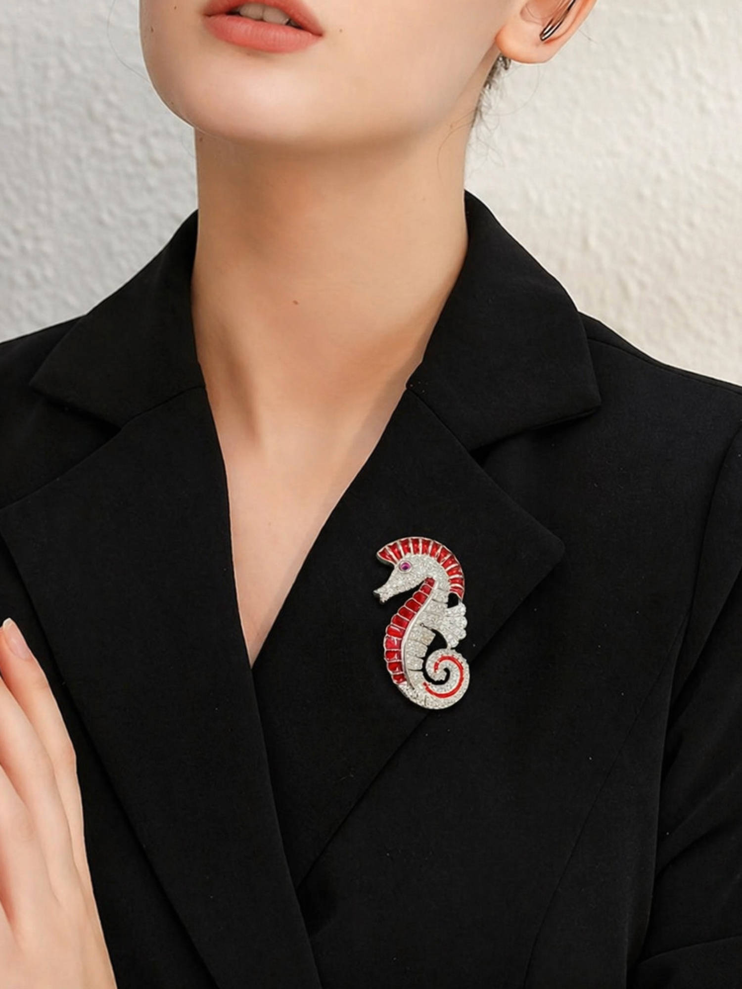 Treemoda Silver Plated Seahorse Brooch-Red