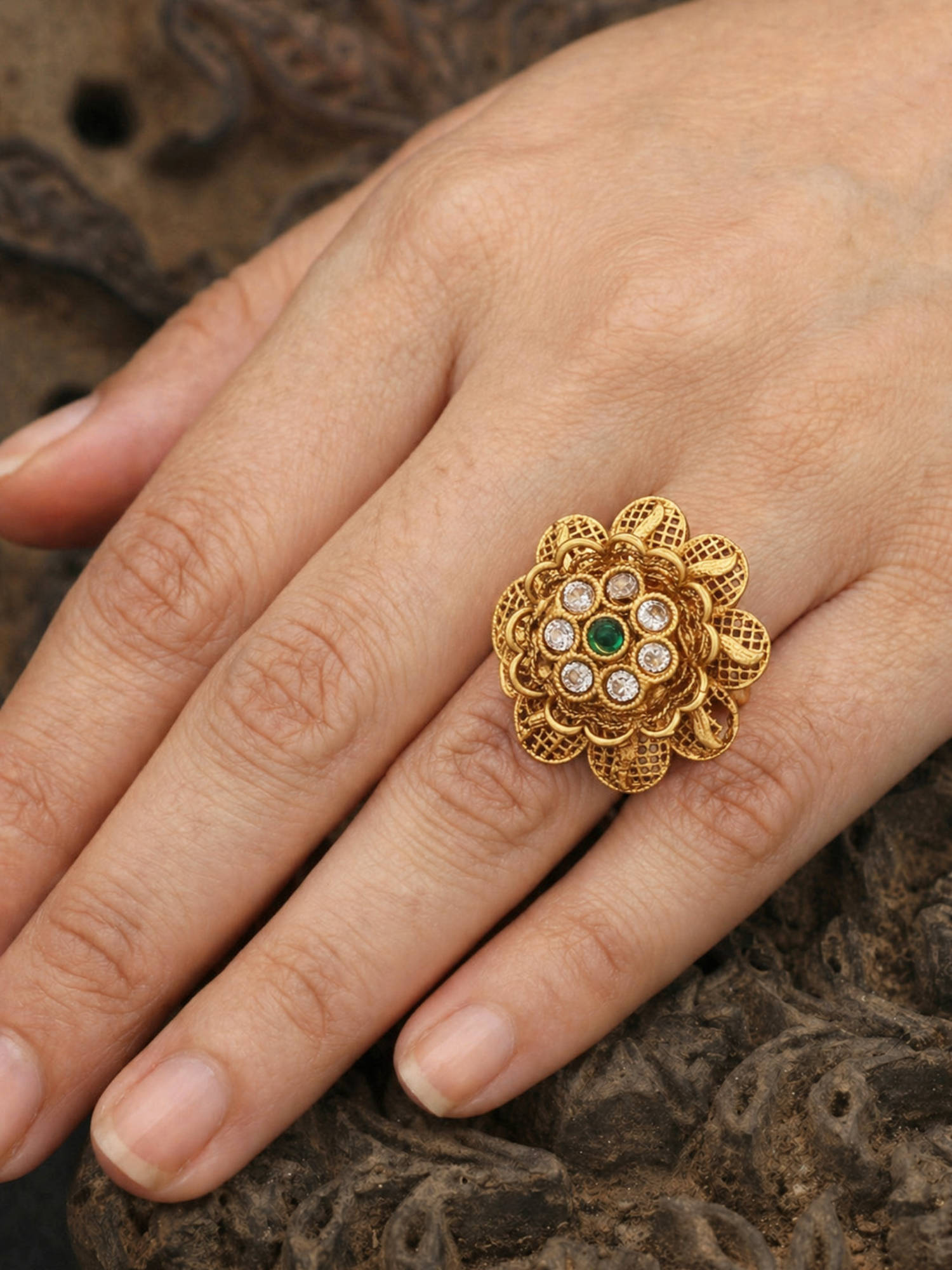 Treemoda Premium Gold Plated Kundan Ring-Multi-Color