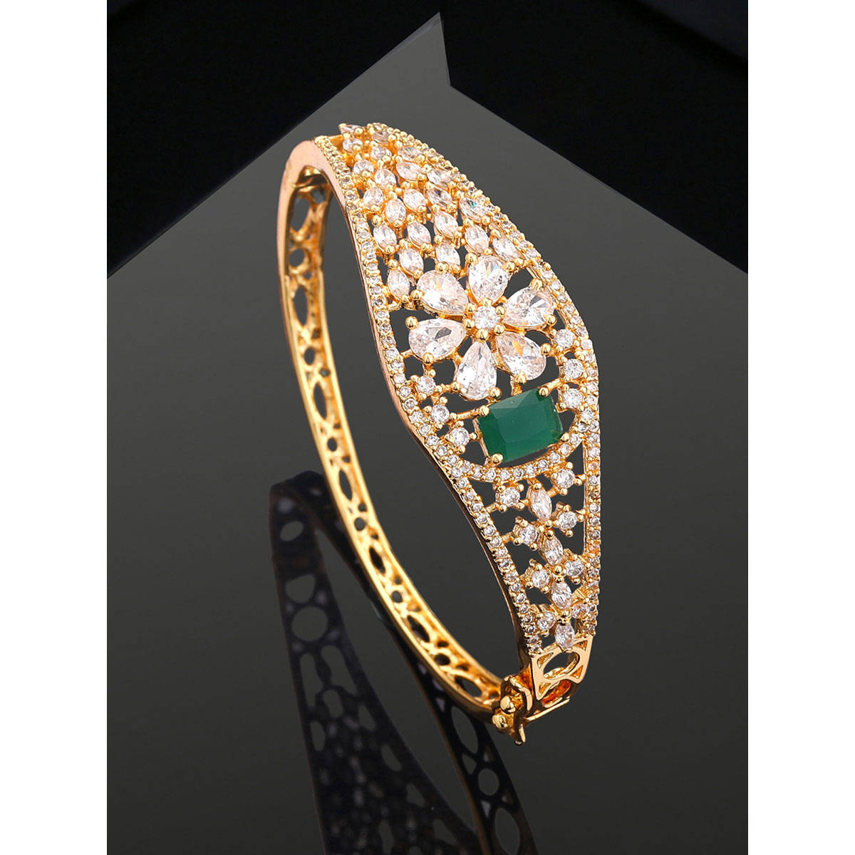 Estele Elegant Gold Plated American Diamond Bracelet with Green and White Stones