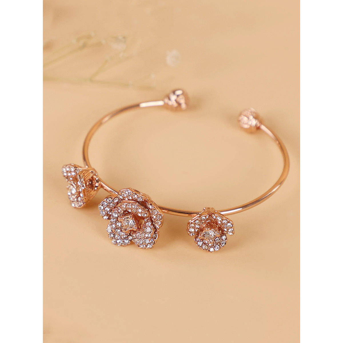 Estele Rose Motif Cuff Bracelet: Rosegold Plated with Elegant Floral Design
