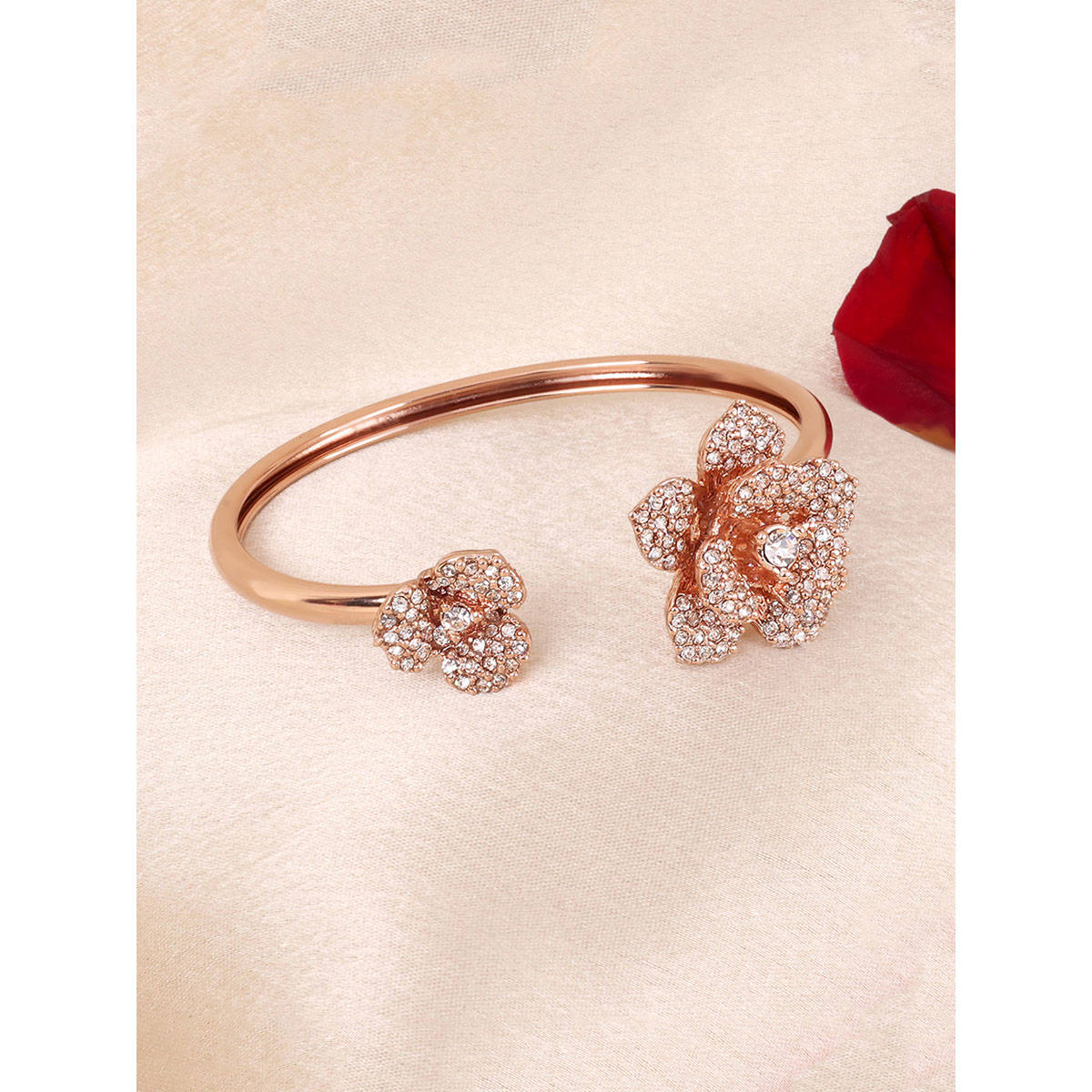 Estele Rose Motif Cuff Bracelet: Floral Design In Premium Rosegold Plated Finish