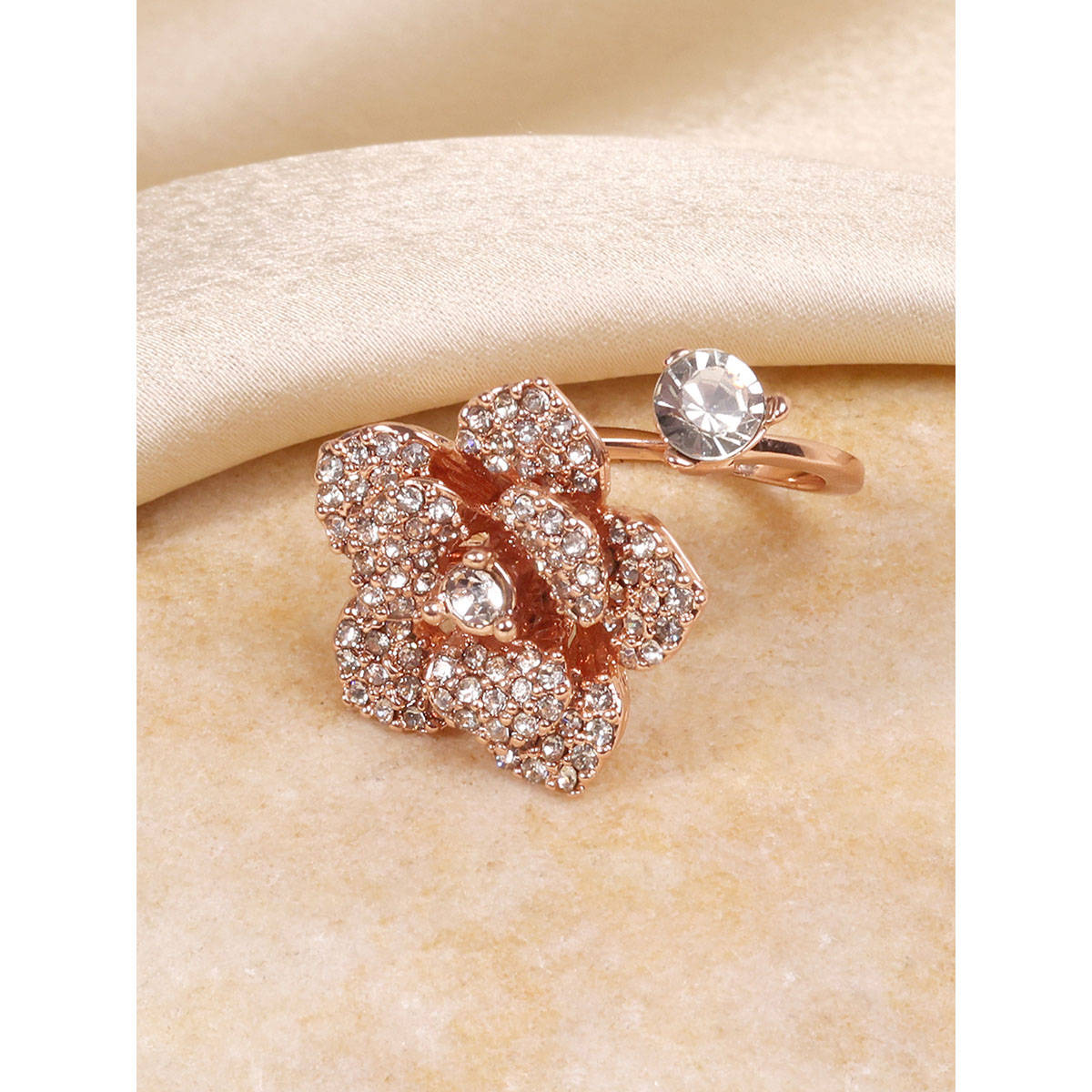 Estele Elegant Gold-Plated Adjustable Rose Motif Flexible Stylish Ring