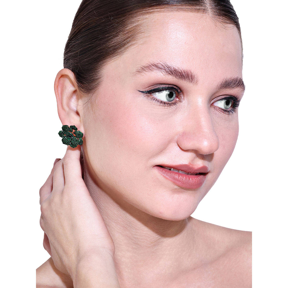 Estele Premium Rosegold Finish Green American Diamond Floral Rose Stud Earrings