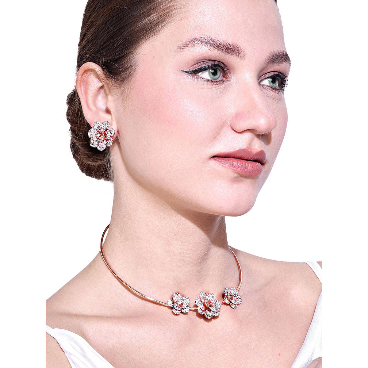 Estele Luxurious Rosegold Finish American Diamond Floral Rose Necklace (Set of 2)