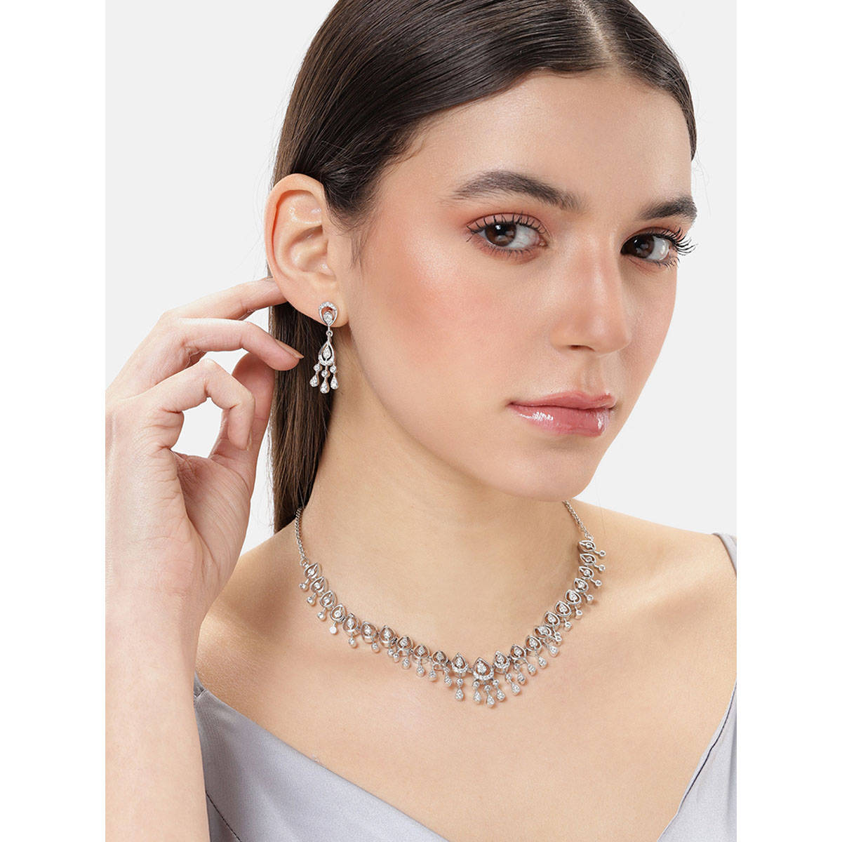 Estele Rhodium Plated Beauty White American Diamond Light Weight Jewellery