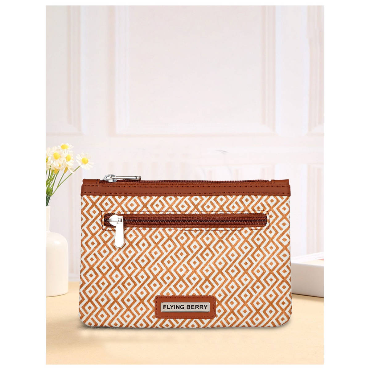 FLYING BERRY Tan Printed Handicraft Fabric & Vegan Leather Pouch