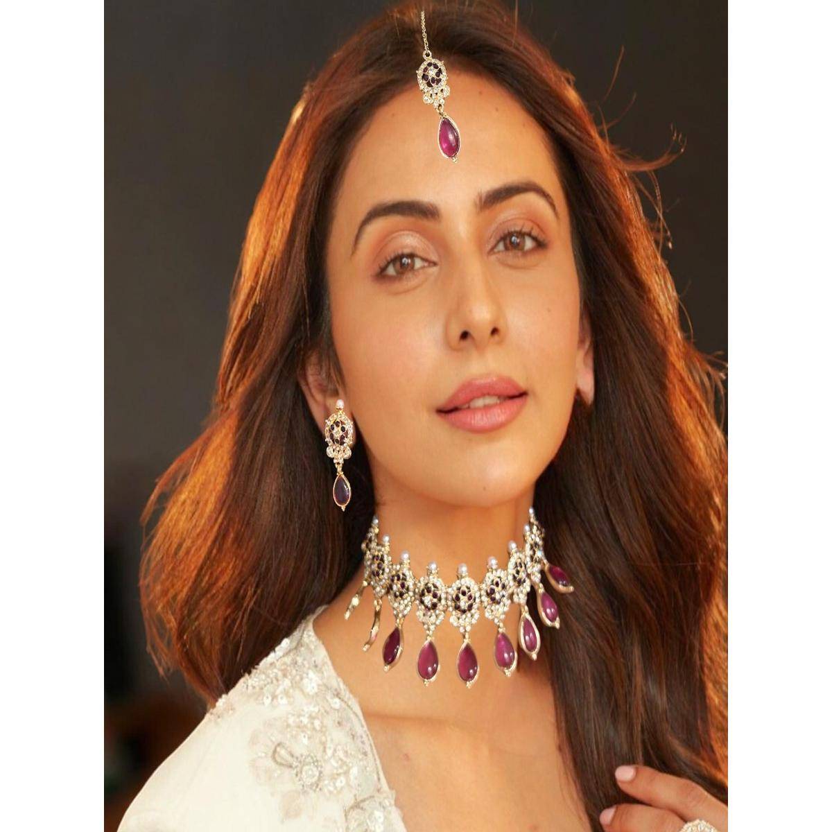 Accessher Gold Plated Traditional Semi Precious Stones Studded Pink Choker (Set of 3)