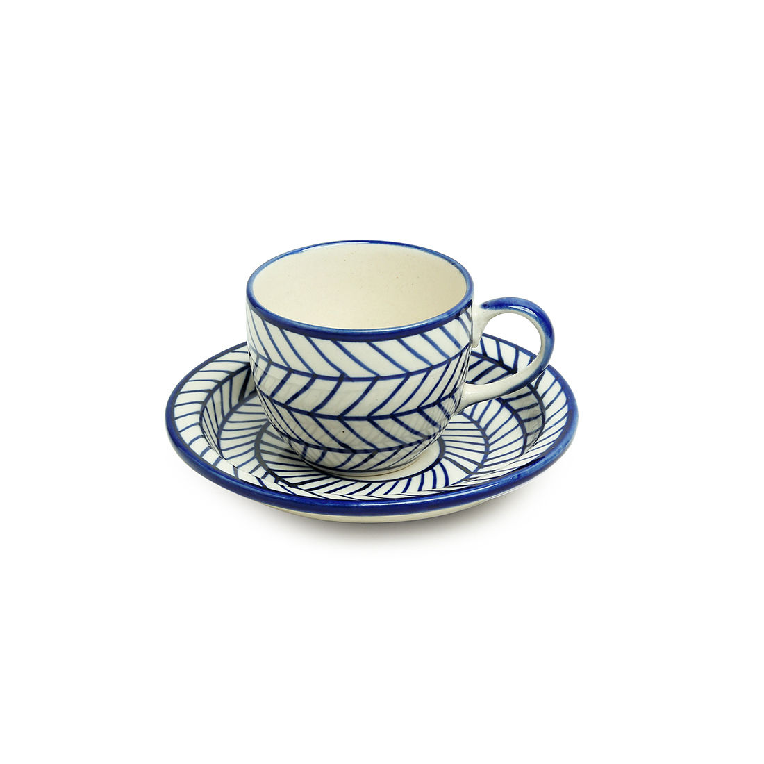 ExclusiveLane Indigo Chevron' Ceramic Tea Cups With Saucers (Set of 6