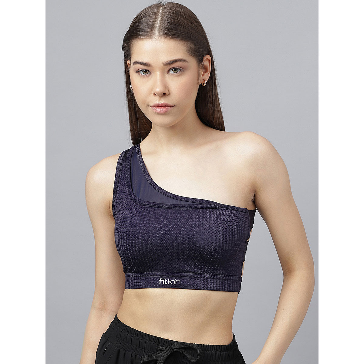FITKIN Women One Shoulder with Mesh Pannel Bra Lightly Padded, Blue, Large  : : Clothing, Shoes & Accessories