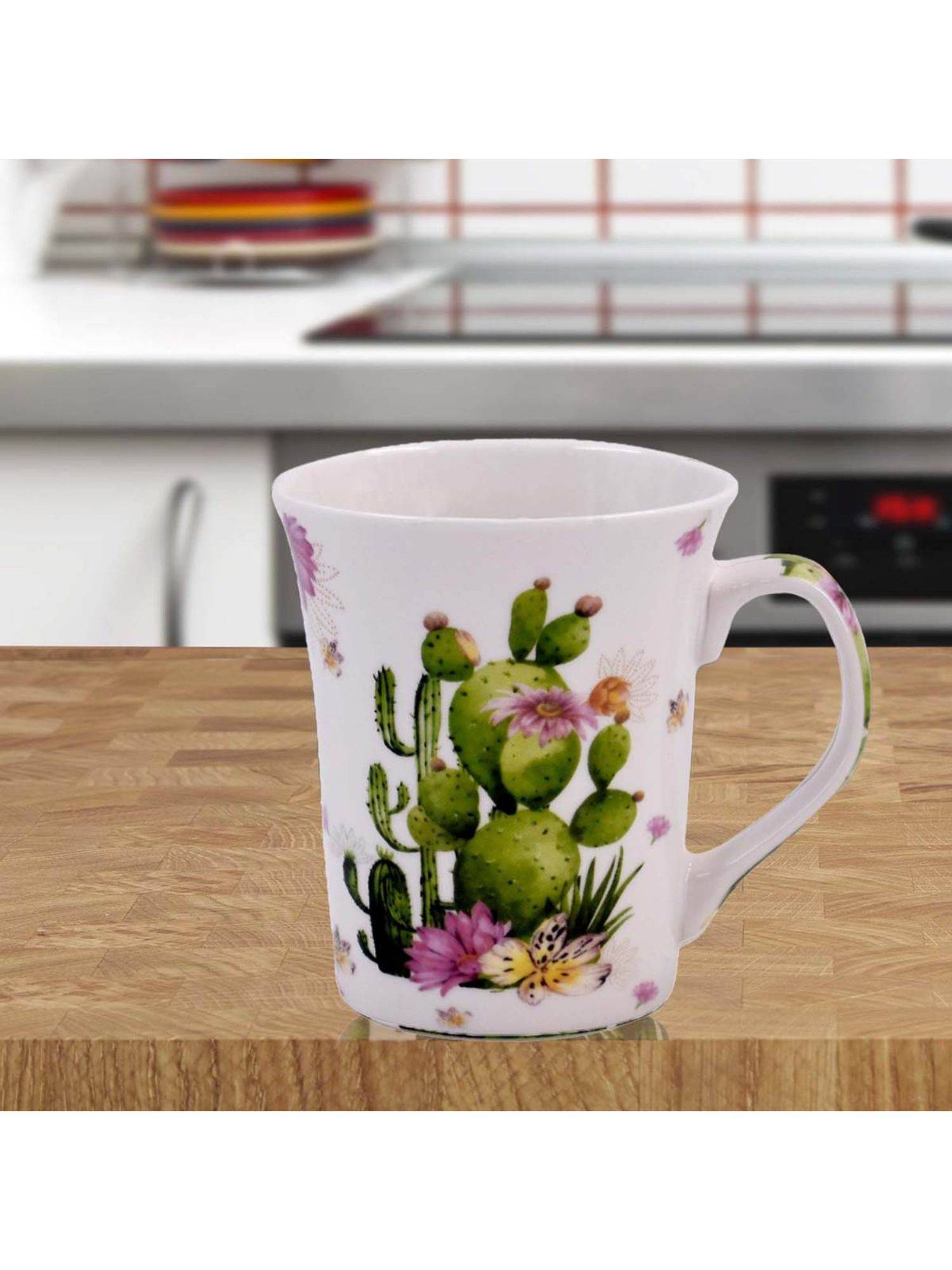 Kookee White Printed Ceramic Tall Coffee or Tea Mug with Handle - 325Ml