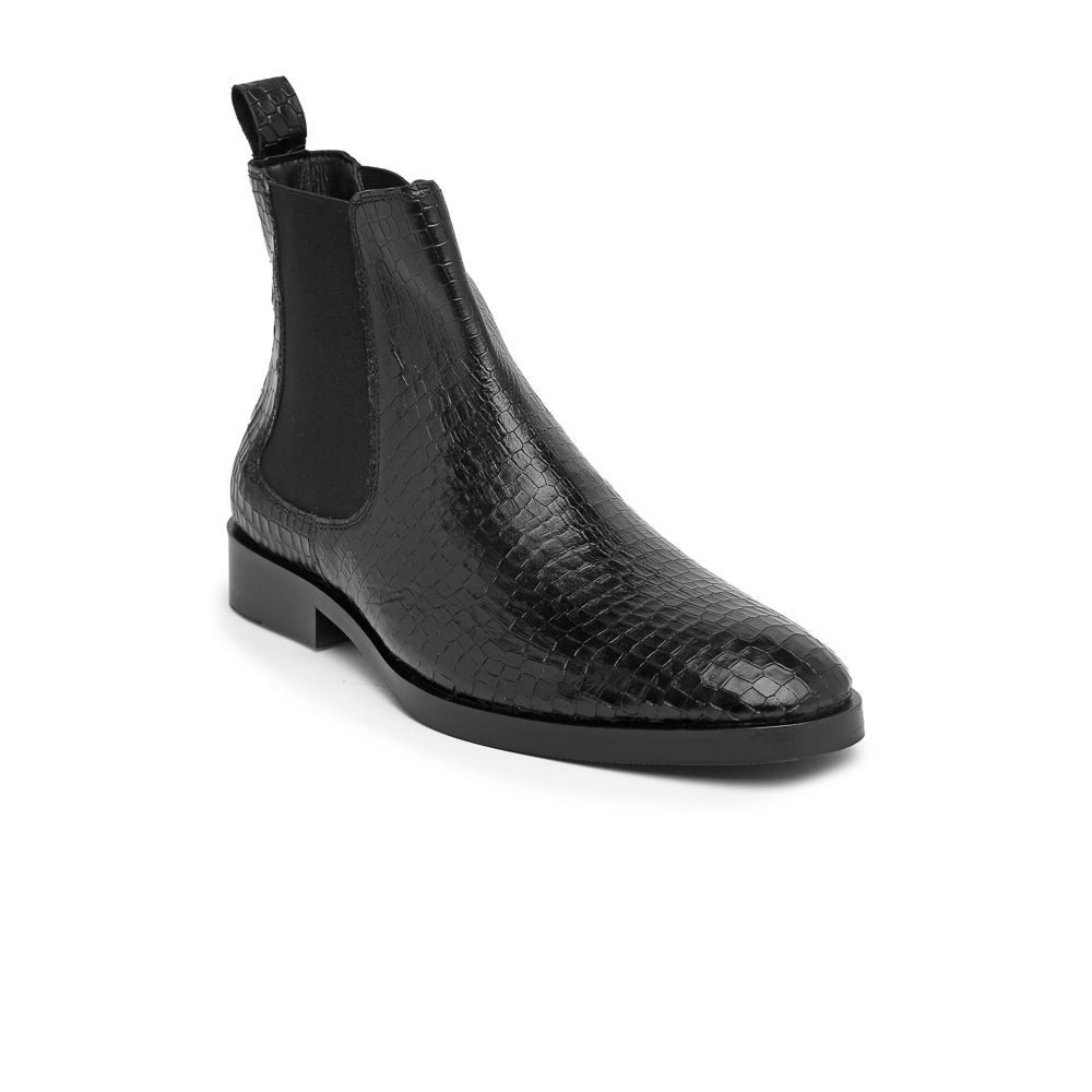 Buy Teakwood Leathers Men Black Textured Geniune Leather Mid top Flat Boots Online