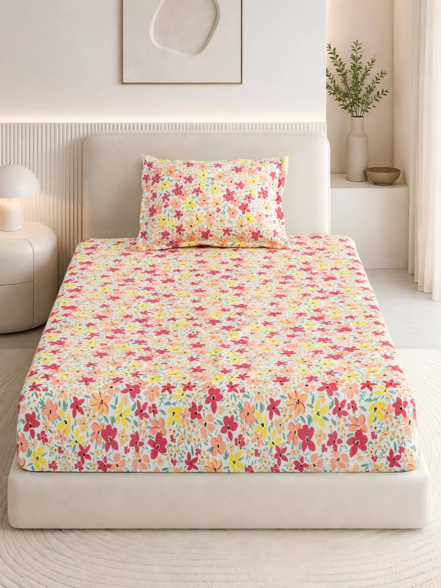 Haus & Kinder Cotton 186 Tc Single Fitted Bedsheet Sunlit Blossom Meadow