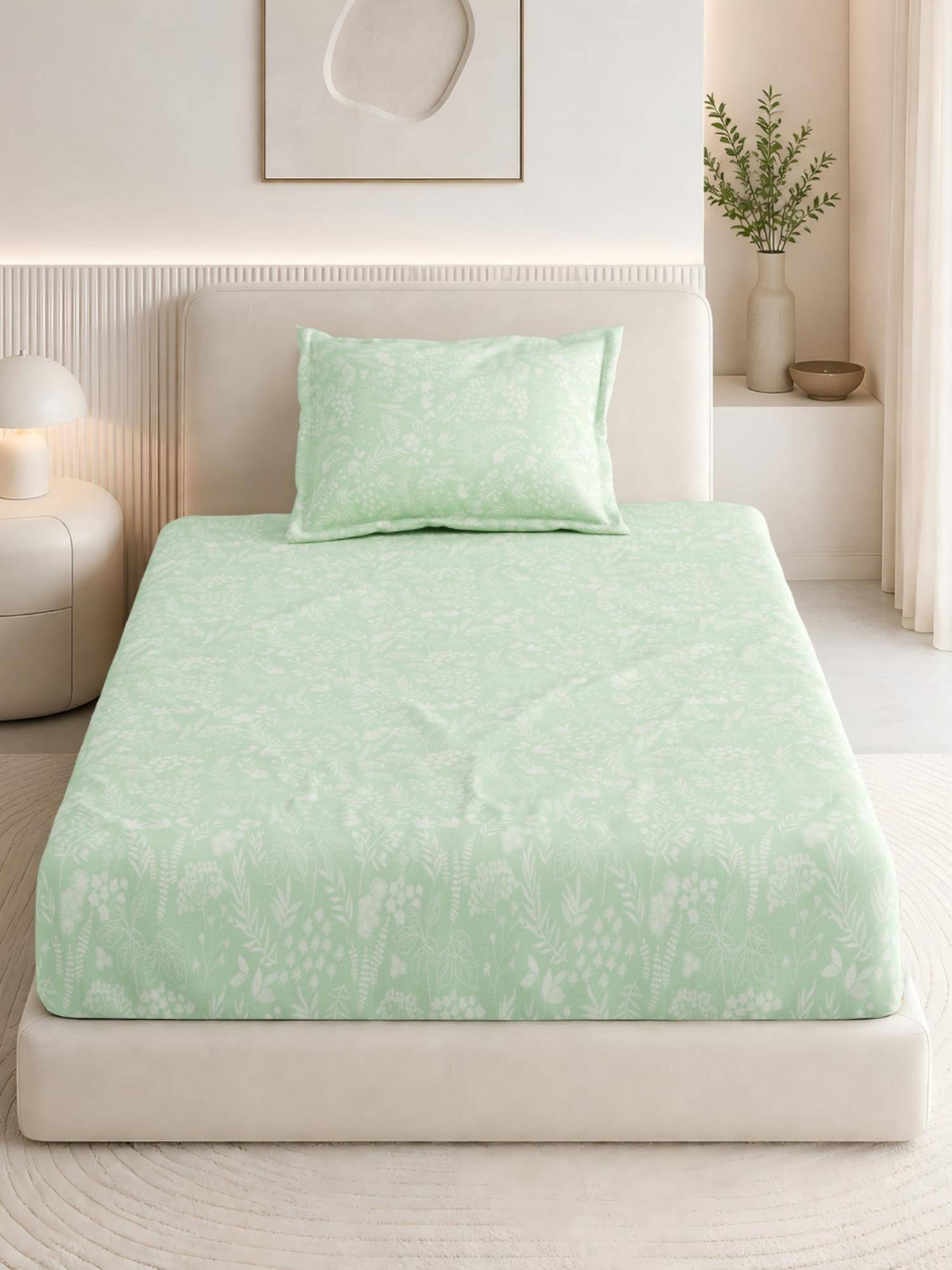 Haus & Kinder Green Cotton 186 Tc Single Fitted Bedsheet Verdant Whispers Of Giverny
