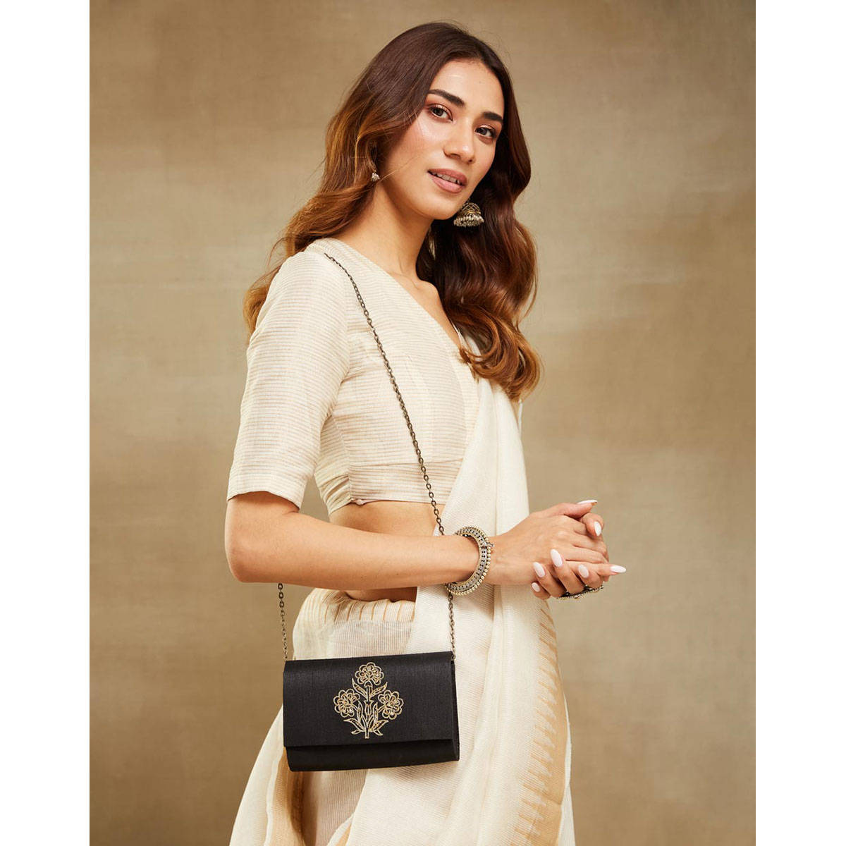Fabindia Women Black Embroidered Clutch