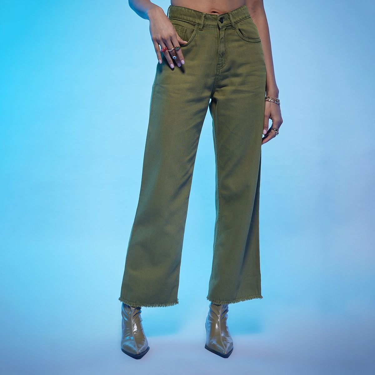 Zara Green High Waisted Pants With White OffShoulder Top