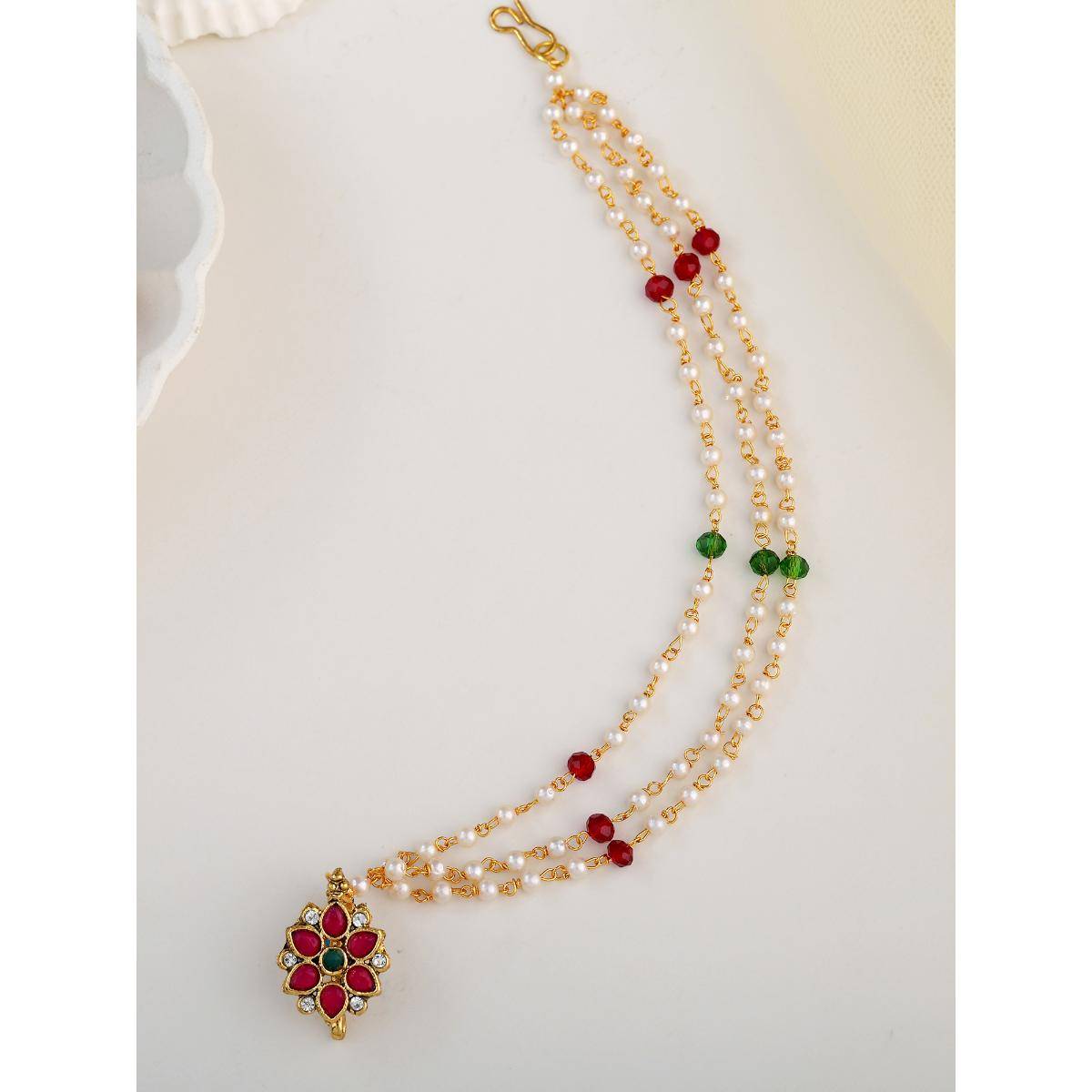 Estele Traditional Bridal Nose Ring, Gehena Pearl Chain Nath