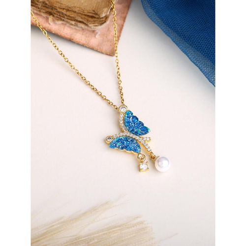 Estele Blue Butterfly Pendant Gehena Gold-Plated Chain Jewelry with Pearl  Drop