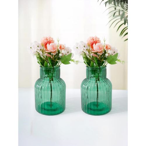 Ekhasa Green Flower Glass Vase for Home Decor (Set Of 2) (6 Inches)