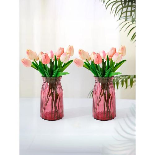 Ekhasa Red Flower Glass Vase for Home Decor (Set Of 2) (6 Inches)