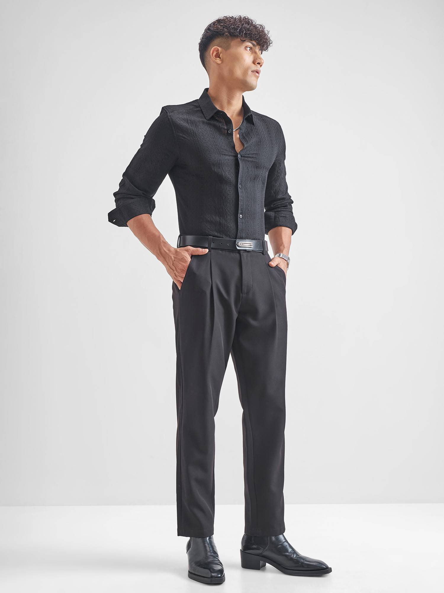 Buy HIGHLANDER Men Black Jacquard Textured Shirt Online