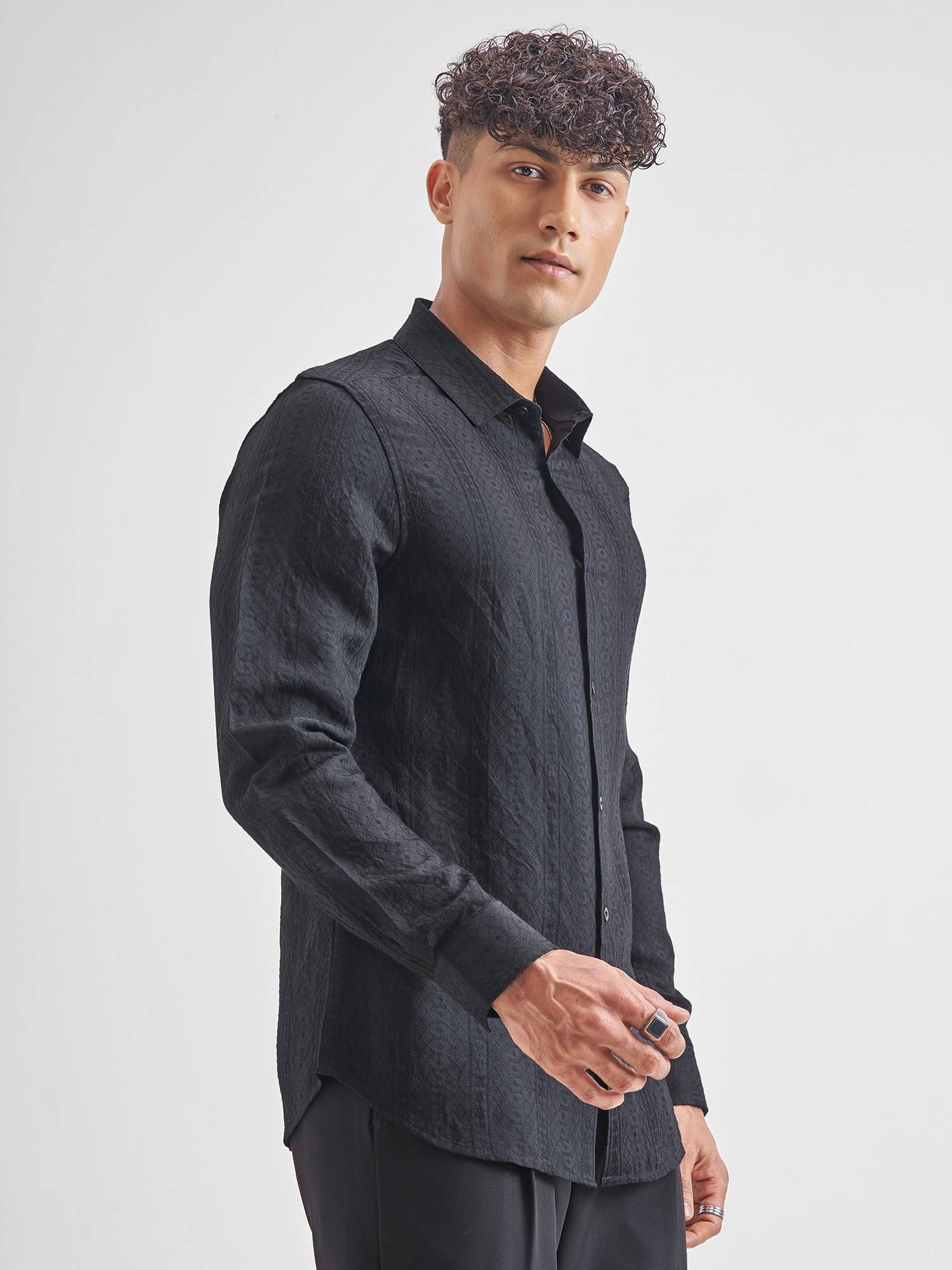 Buy HIGHLANDER Men Black Jacquard Textured Shirt Online