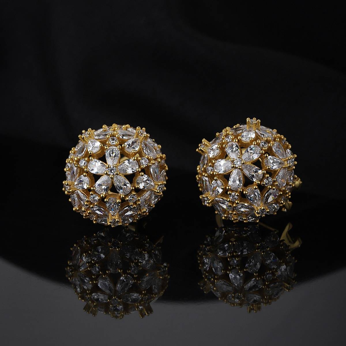 Carlton London Gold Toned Floral Shaped CZ Studded Studs Earrings