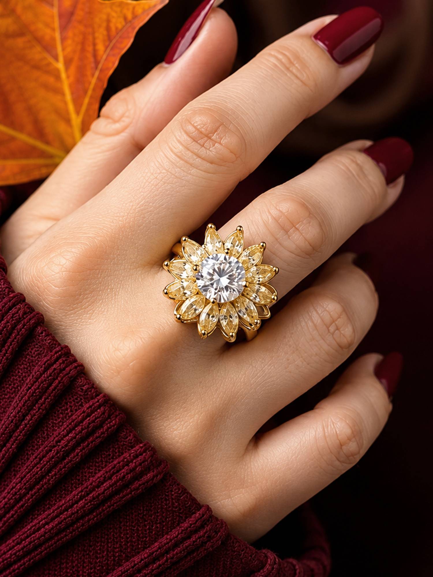 ARTKLIM White Sunflower Revolving Crystal Adjustable Anti-Tarnish Copper Ring