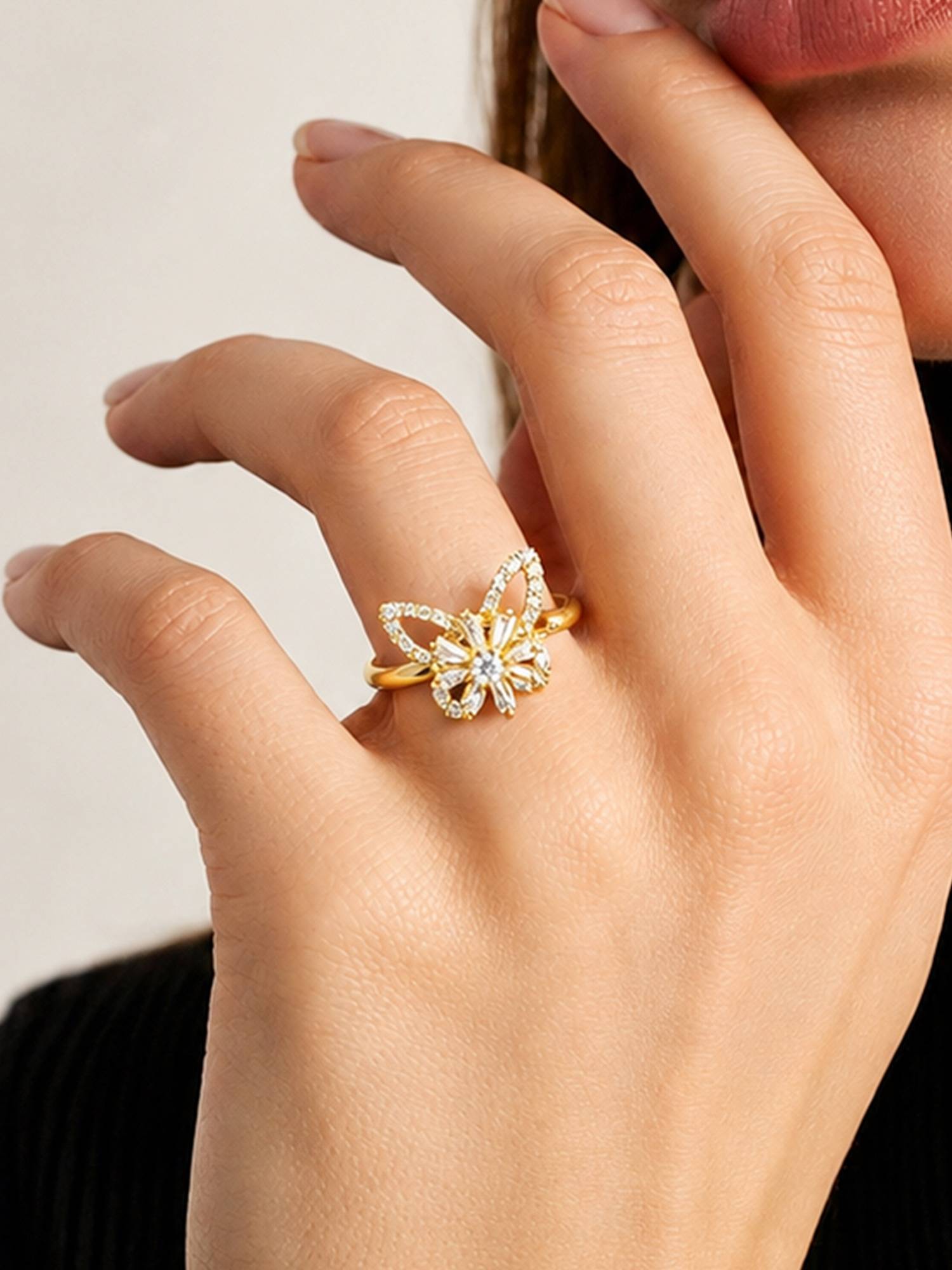 ARTKLIM White Butterfly Blossom Revolving Flower Crystal Adjustable Anti-Tarnish Copper Ring