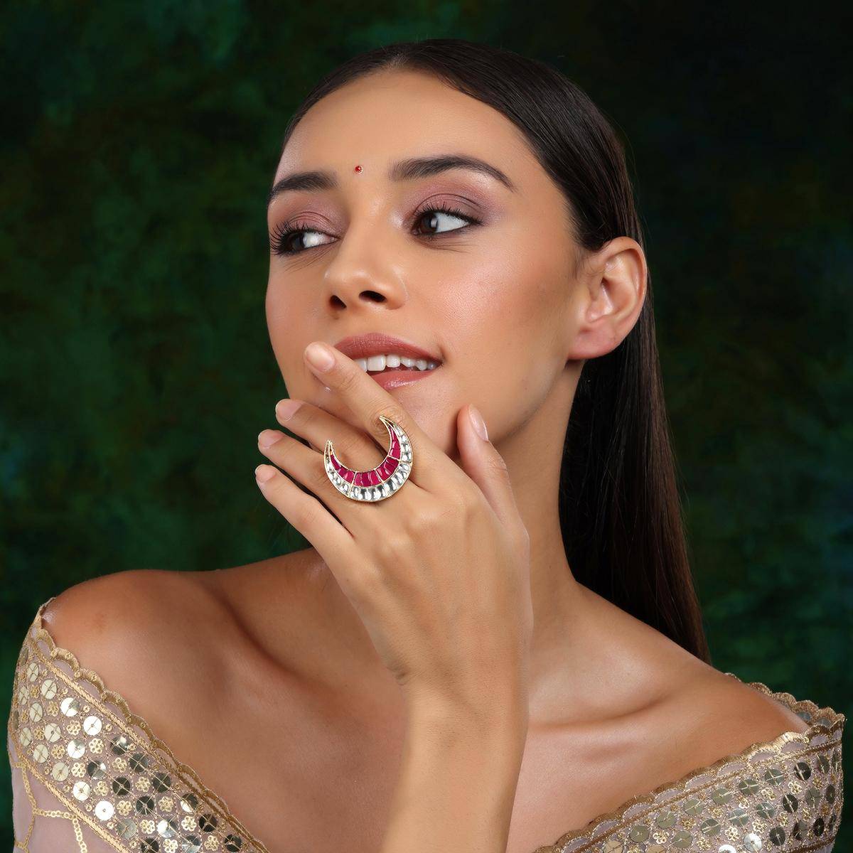 Ruby Raang Studio Half Moon Kundan Ring