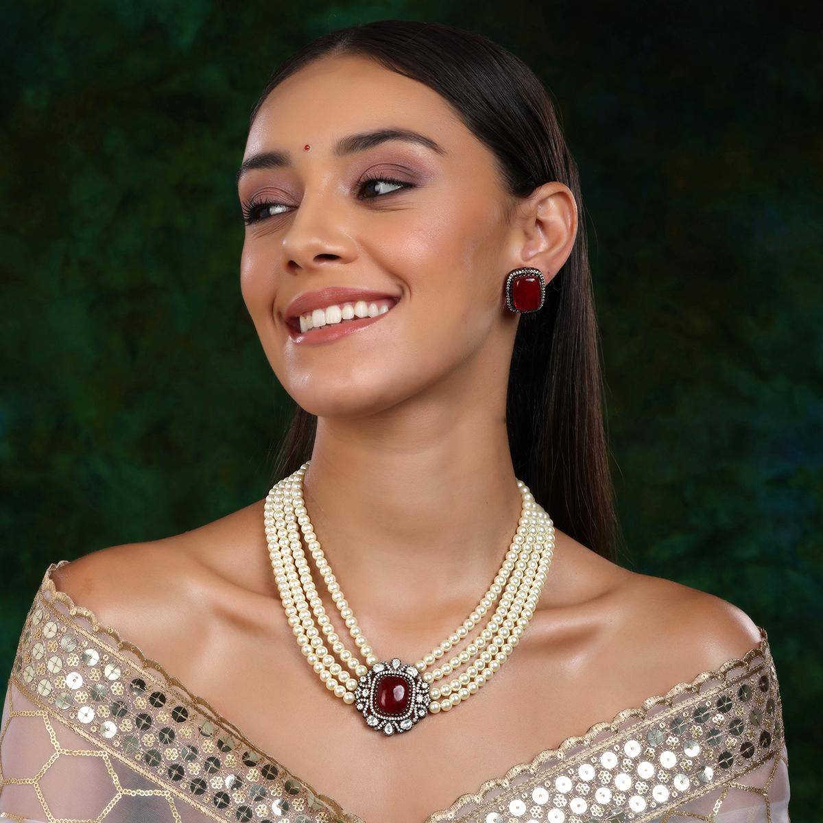 Ruby Raang Studio Maroon Stone and Moissanite Kundan In Pearls Necklace with Matching Studs