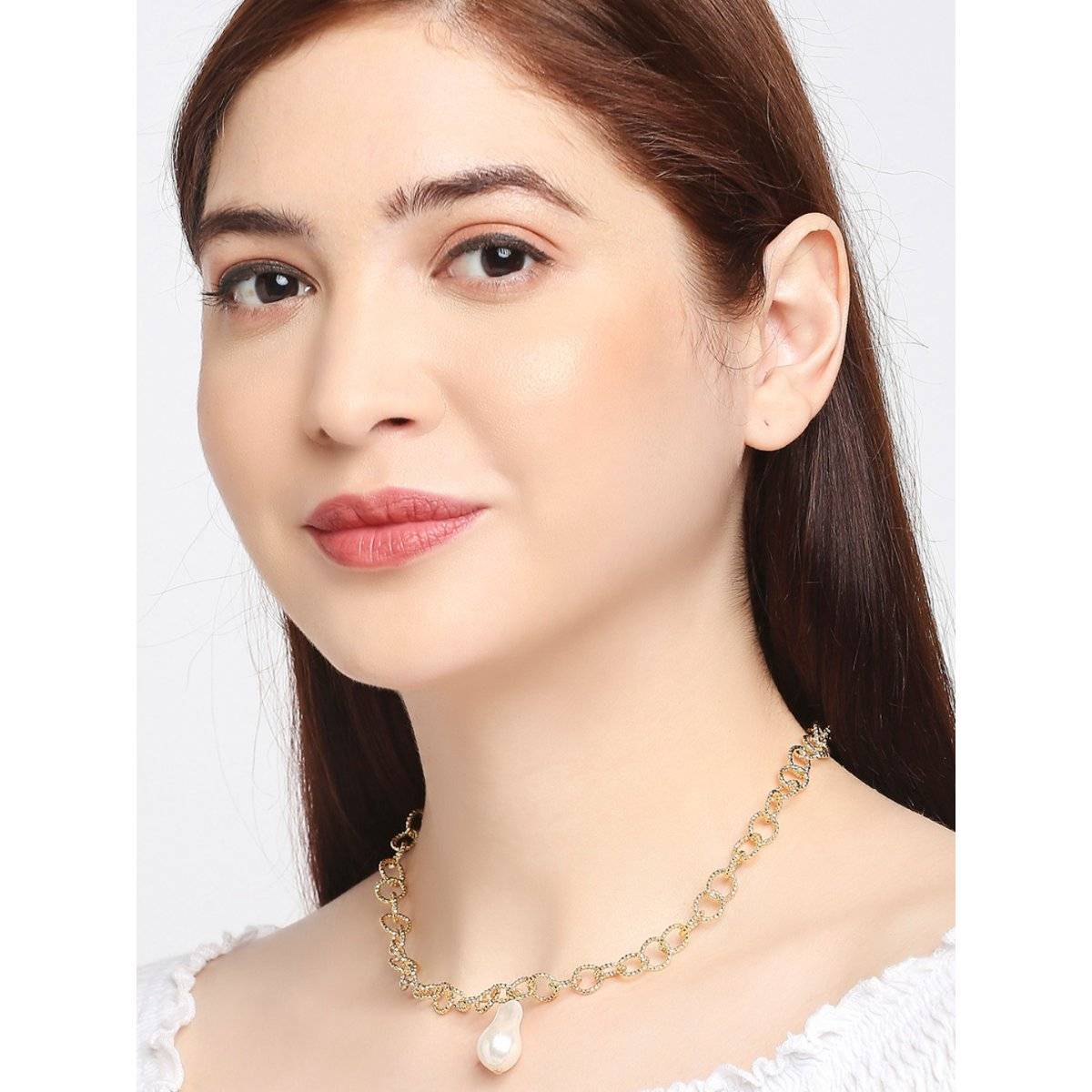 OOMPH Gold Tone Shimmer Link Chain with Baroque Pearls Choker Necklace