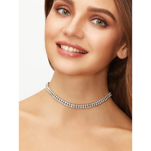 OOMPH Women Silver Tone Delicate Stone Fashion Choker Necklace