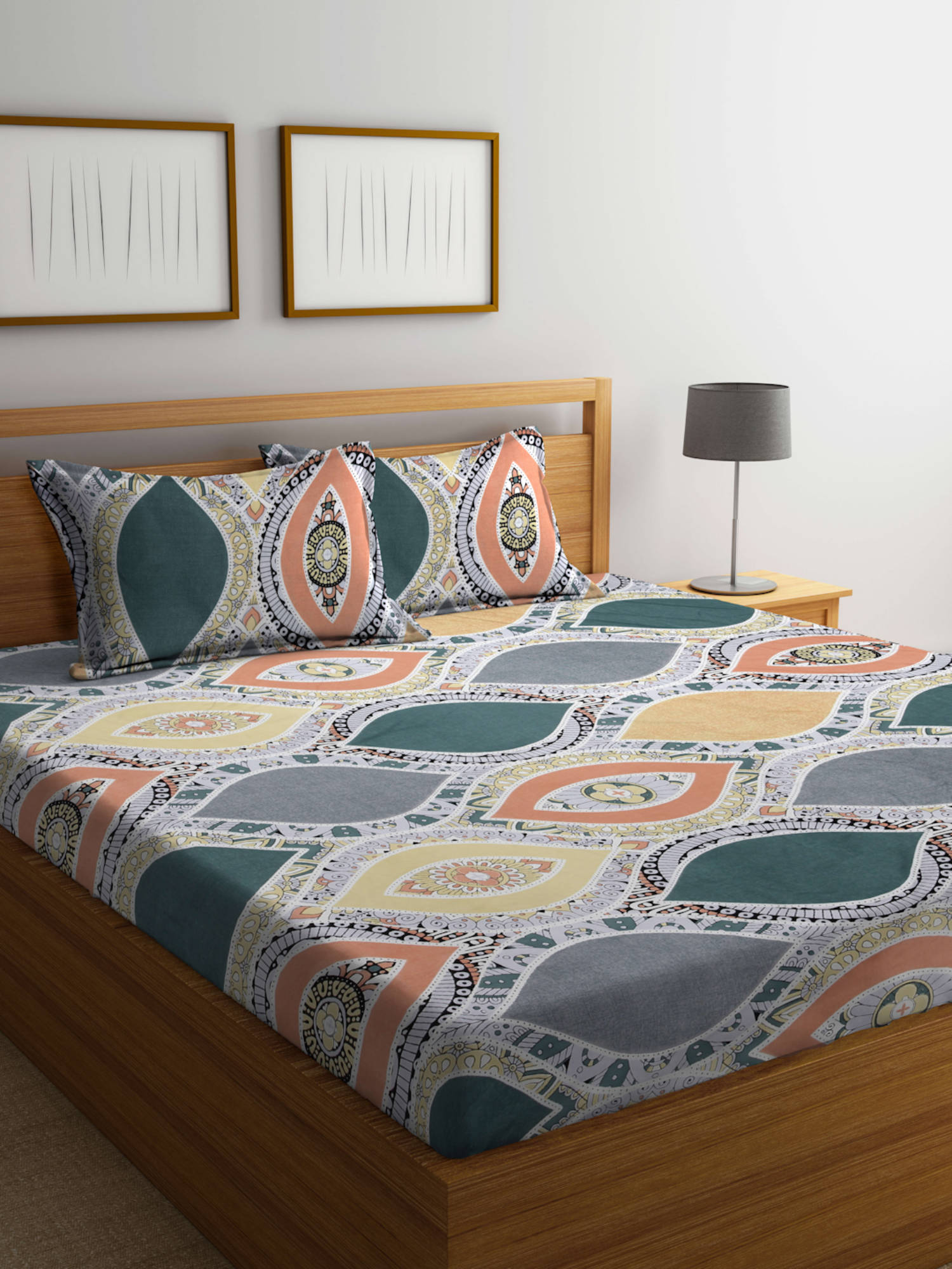 FABINALIV Multi-Color Motifs 210 TC Cotton Blend Bedsheet with 2 Pillow Covers (King)