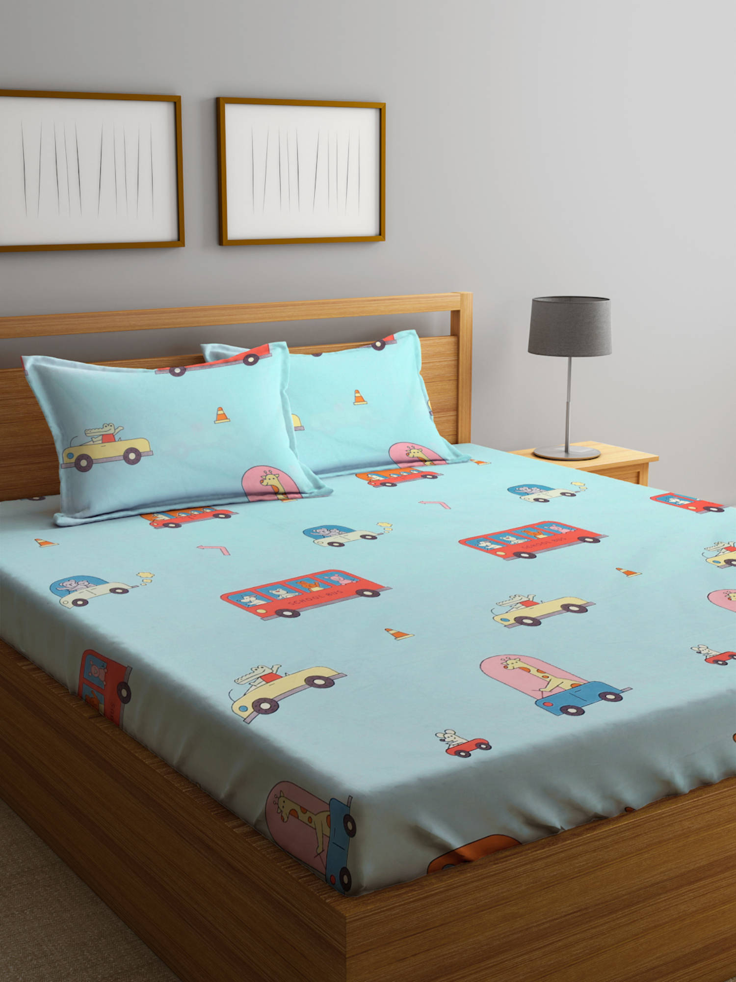 FABINALIV Blue Cartoon Print 300 TC Cotton Blend Bedsheet with 2 Pillow Covers (King)