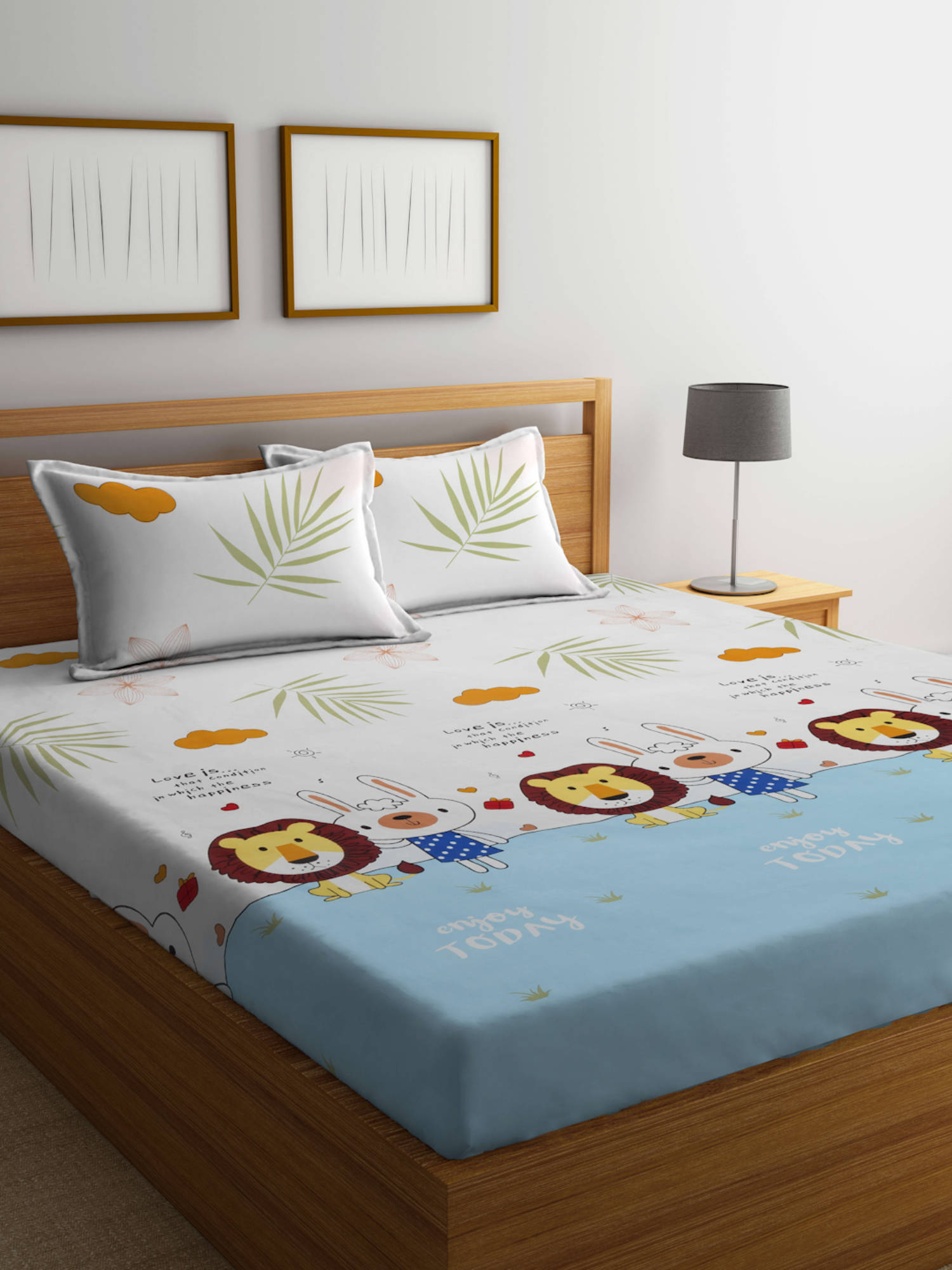 FABINALIV Beige Cartoon Print 300 TC Cotton Blend Bedsheet with 2 Pillow Covers (King)