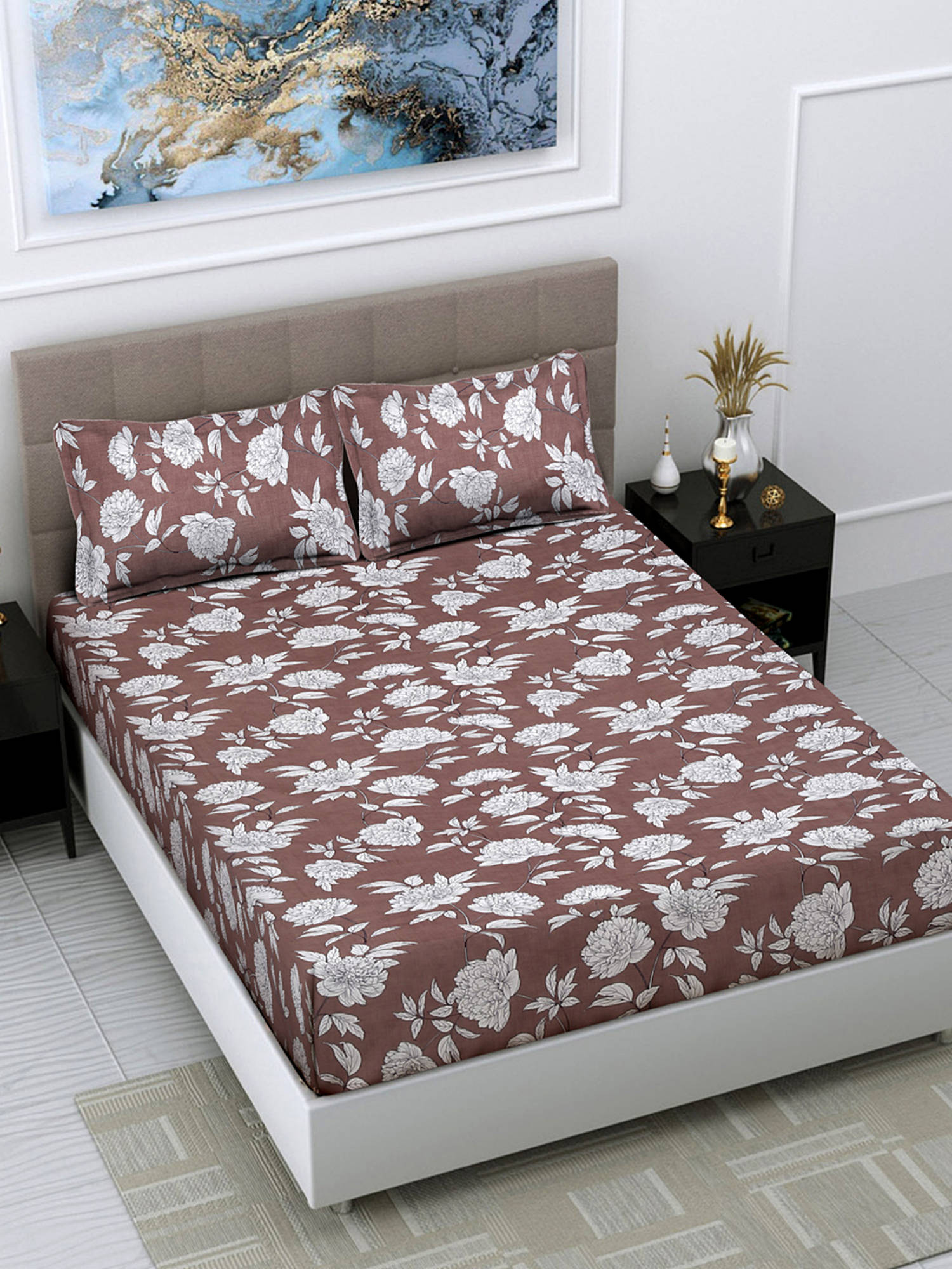 FABINALIV Brown Floral 300 TC Cotton Blend Bedsheet with 2 Pillow Covers (King)