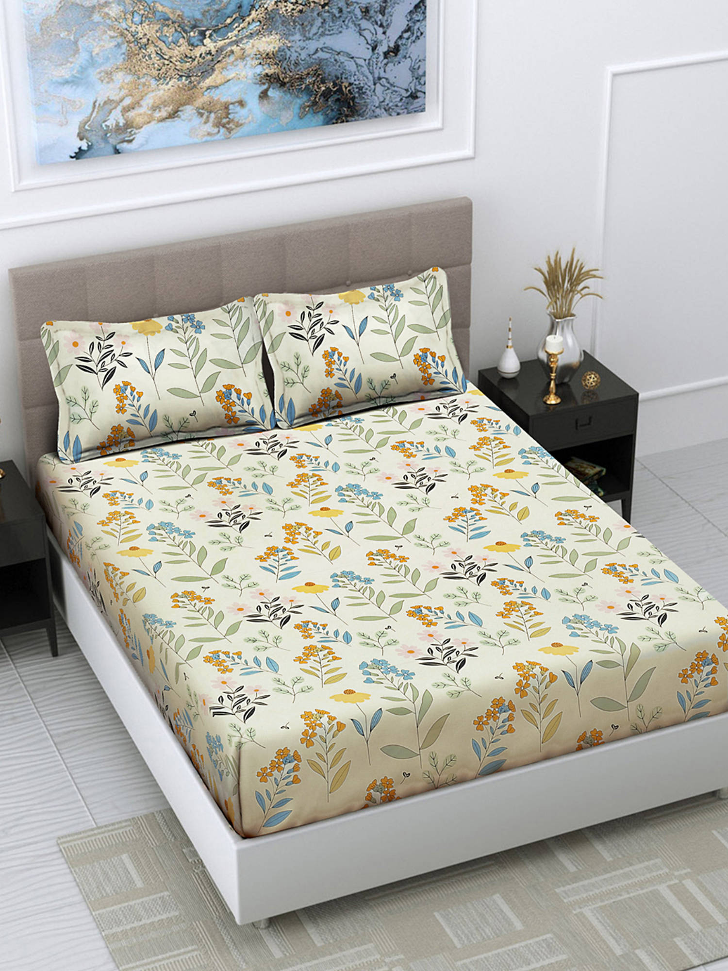 FABINALIV Green Floral 300 TC Cotton Blend Bedsheet with 2 Pillow Covers (King)