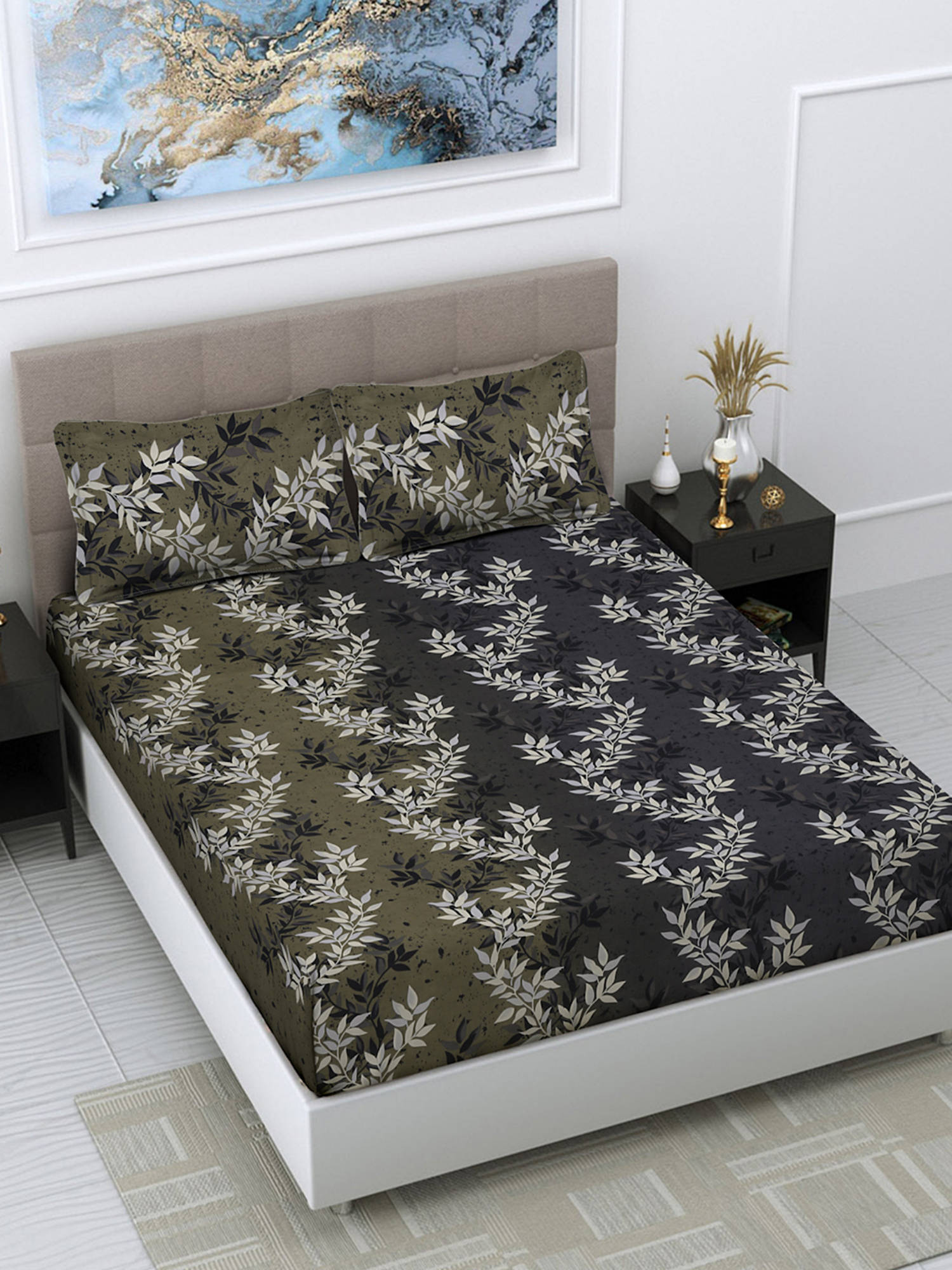 FABINALIV Olive Floral 300 TC Cotton Blend Bedsheet with 2 Pillow Covers (King)