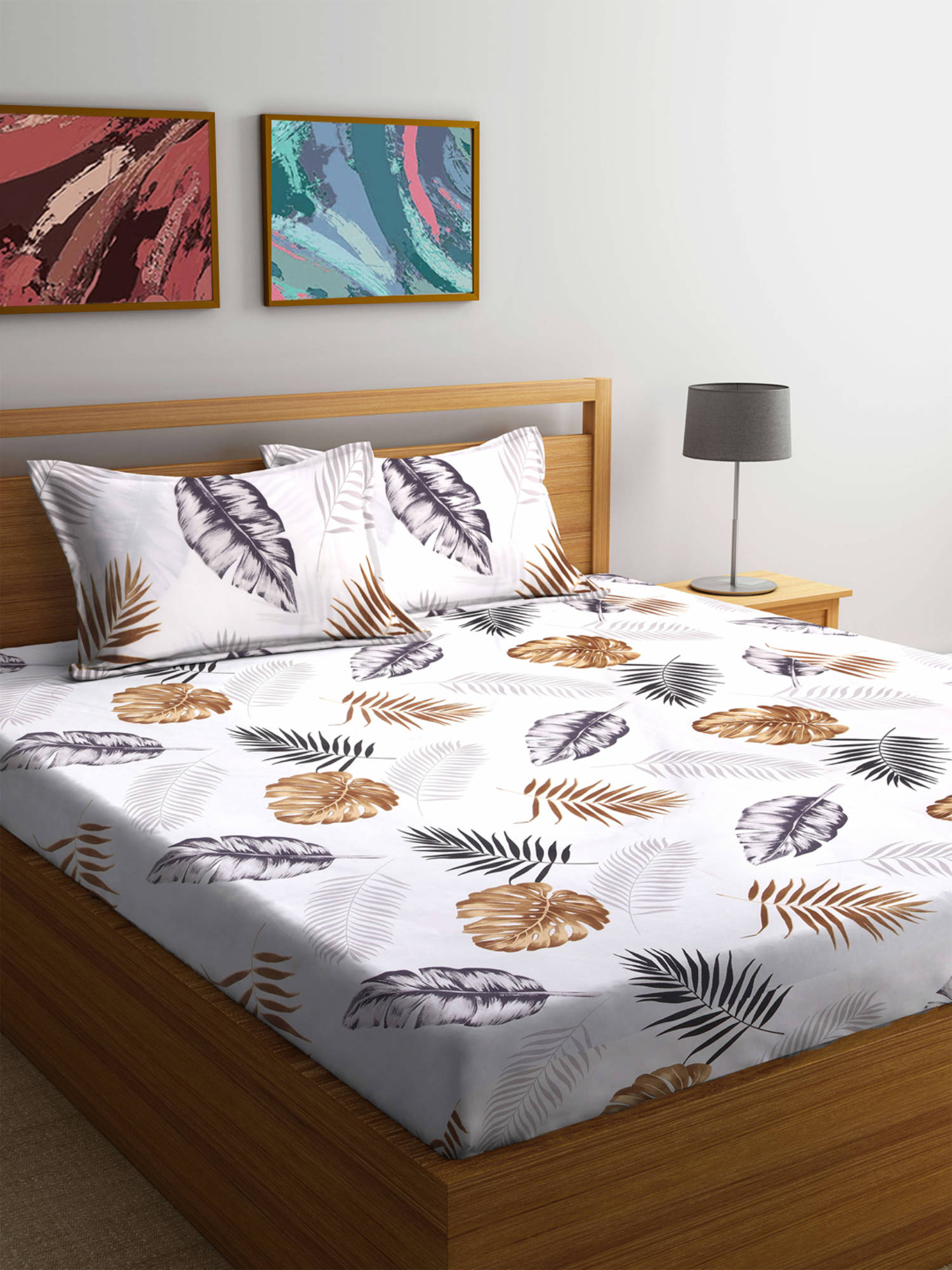 FABINALIV White Floral 300 TC Cotton Blend Bedsheet with 2 Pillow Covers (King)