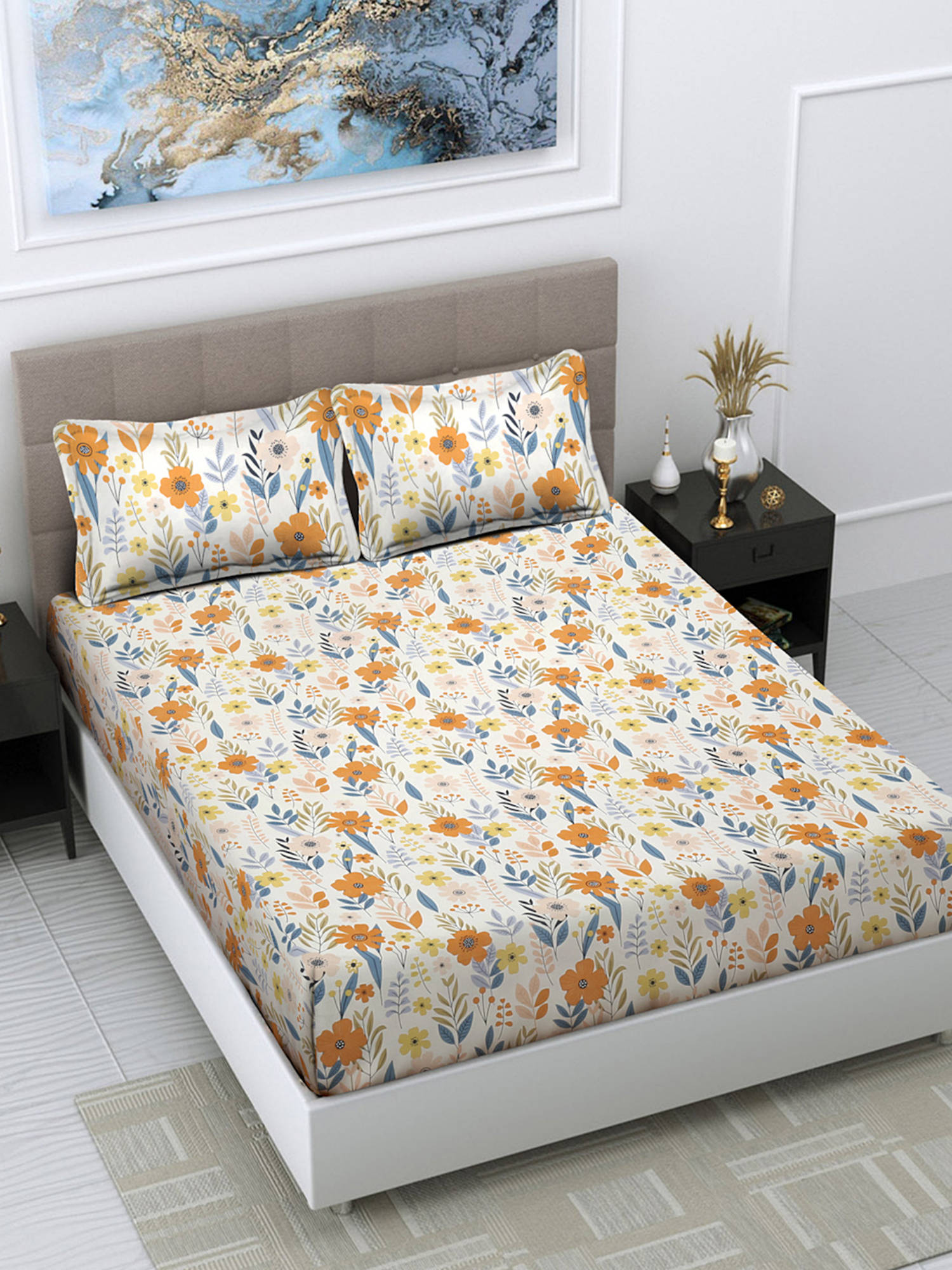 FABINALIV White Floral 300 TC Cotton Blend Bedsheet with 2 Pillow Covers (King)