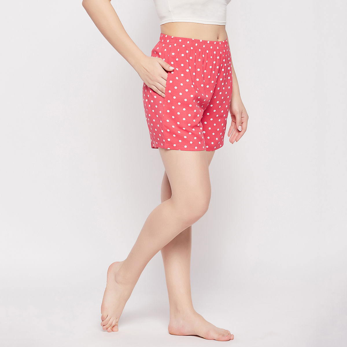 Buy Clovia Polka Dot Print Shorts In Red Crepe Online